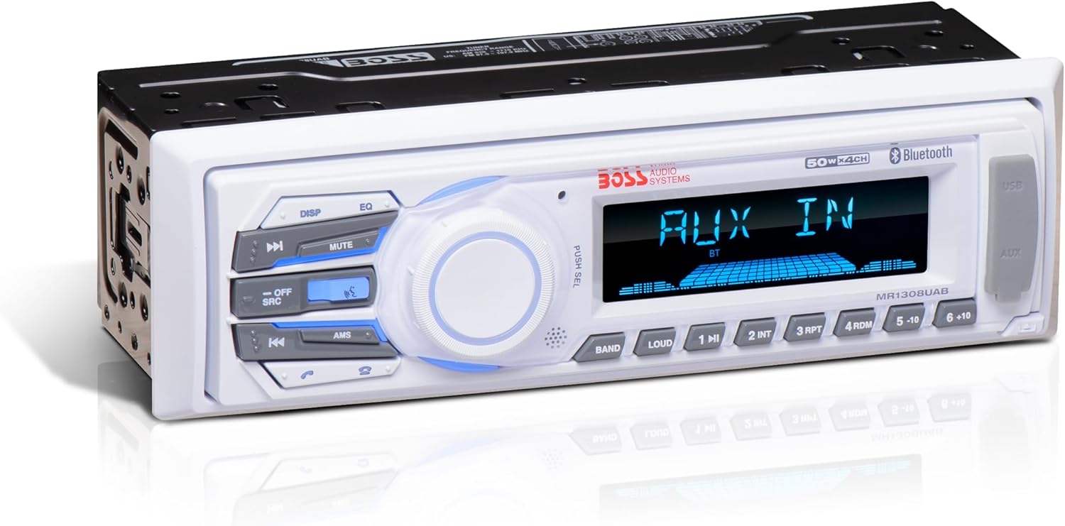 BOSS Audio Systems MR1308UAB Marine Receiver - Weatherproof, Bluetooth Audio, USB, SD, MP3, AM/FM, Aux-in, No CD Player, White, 8.50in. x 8.50in. x 4.00in.