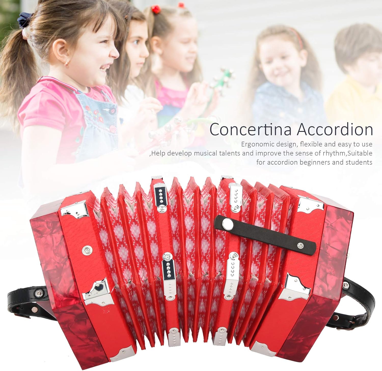 Concertina Accordion, Anglo Style Concertina with Carrying Bag, Portable Hexagonal Concertina Accordion for Beginners Adults (Red)
