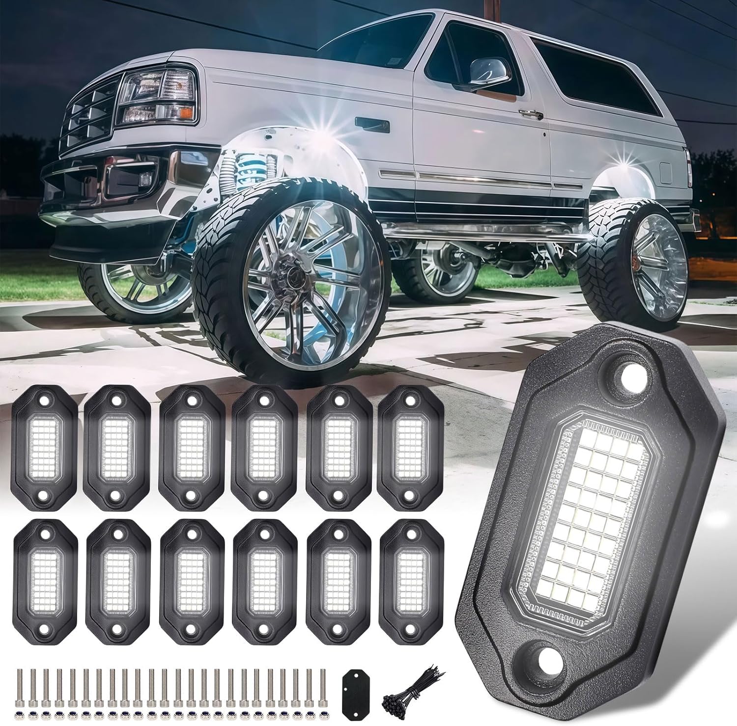 12Pods Metal Bright Pure White LED Rock Lights Kit,Per pod provided 15FT Power Cord,6500K 36LEDs Neon Underglow Light Aluminum Waterproof Fender Lights for Trucks Trailer Jeep Off Road ATV UTV