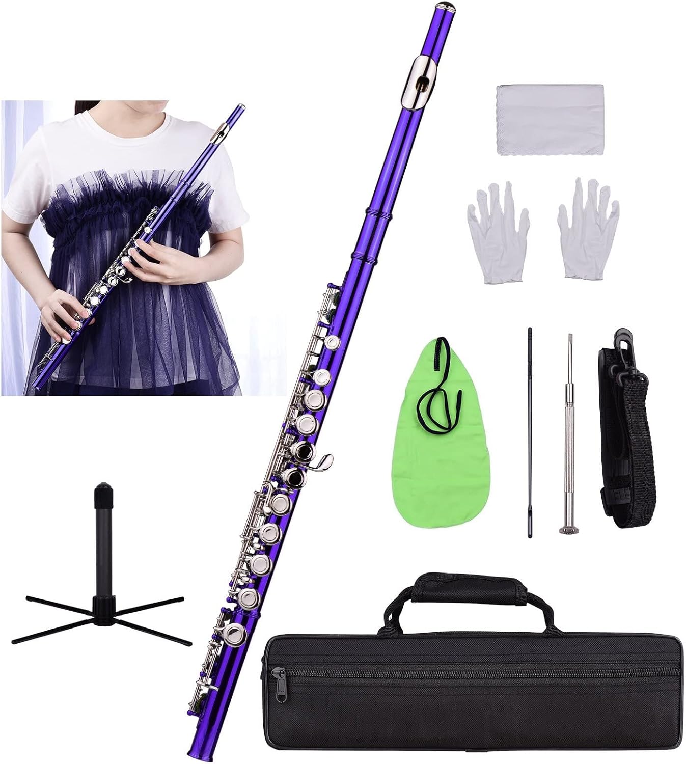 Flute Kit Closed Hole C Flute 16 Keys Cupronickel Nickel-Plated Wind Instrument with Carry Case Flute Stand Other Accessaries Intermediate Flute (Color : Purple)