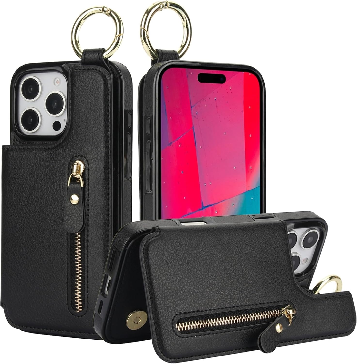 Case for iPhone 16/16 Plus/16 Pro/16 Pro Max, RFID Anti-Theft Brush Phone Cover Zip Wallet Model with Finger Ring Phone Shell(Black,16)