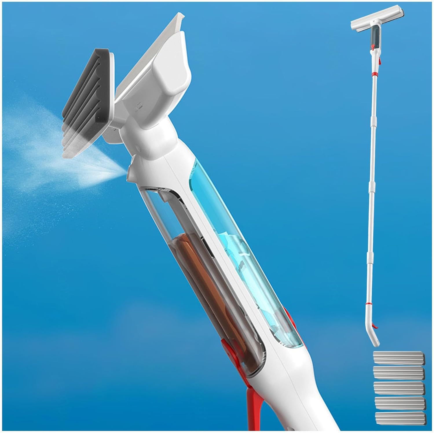 75'' Spray Window Washing Kit with 4-Section Extension Pole, 4 in 1 Squeegee for Window Cleaning Window Washer with Sewage Collector and 5 Pads