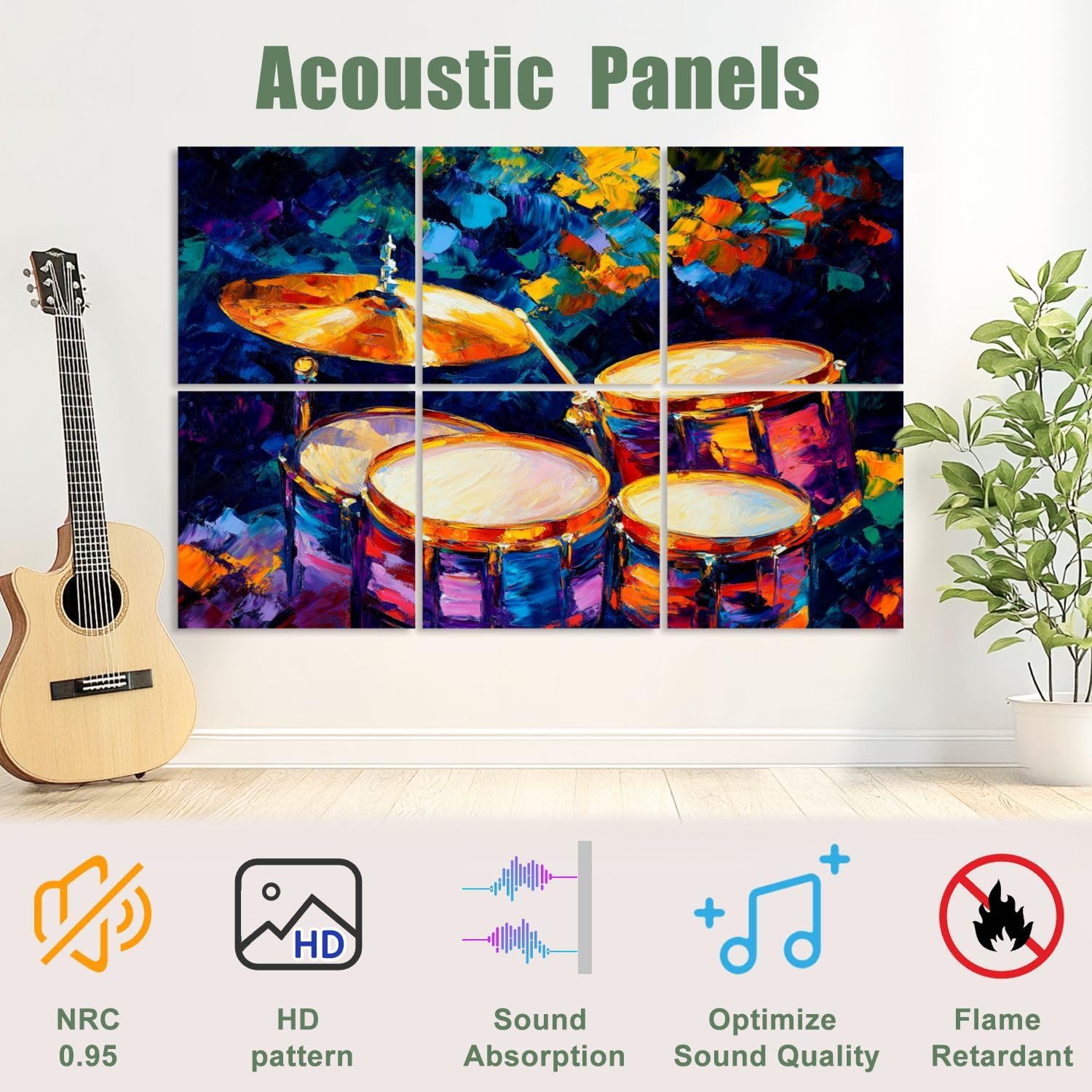 6 Pack Art Acoustic Panels Sound Absorbing Music Drum Set Abstract Cymbals Background Colorful Musical Instrument Decorative Soundproof Wall Panels Self Adhesive for Recording Studios Office 72