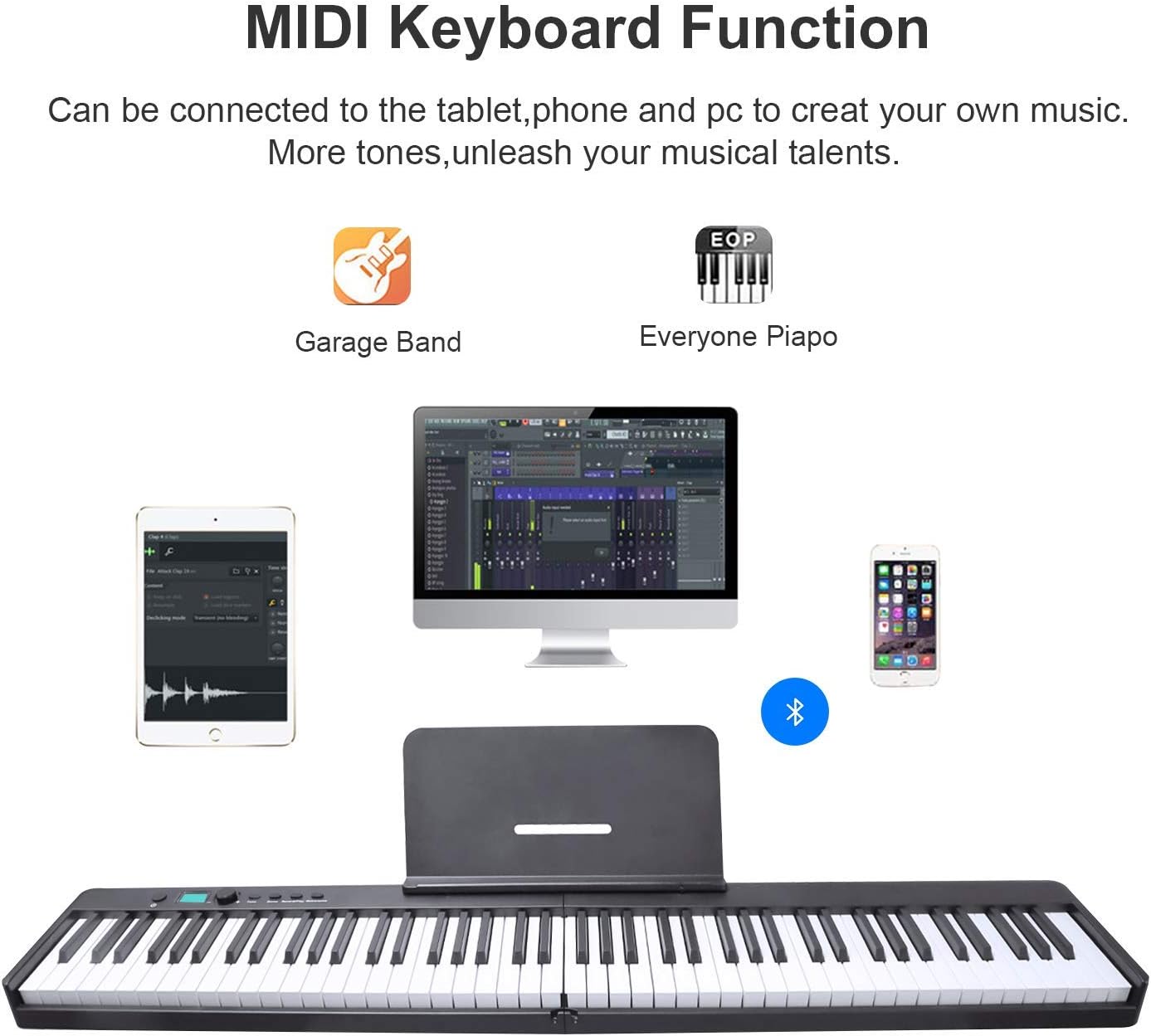 Portable Folding Piano Keyboard, 88 Key Semi-Weighted Digital Piano,Full Size Electric Piano Keyboard w/MIDI Bluetooth, Suitable for Beginner, Adult,Toddler, Kids