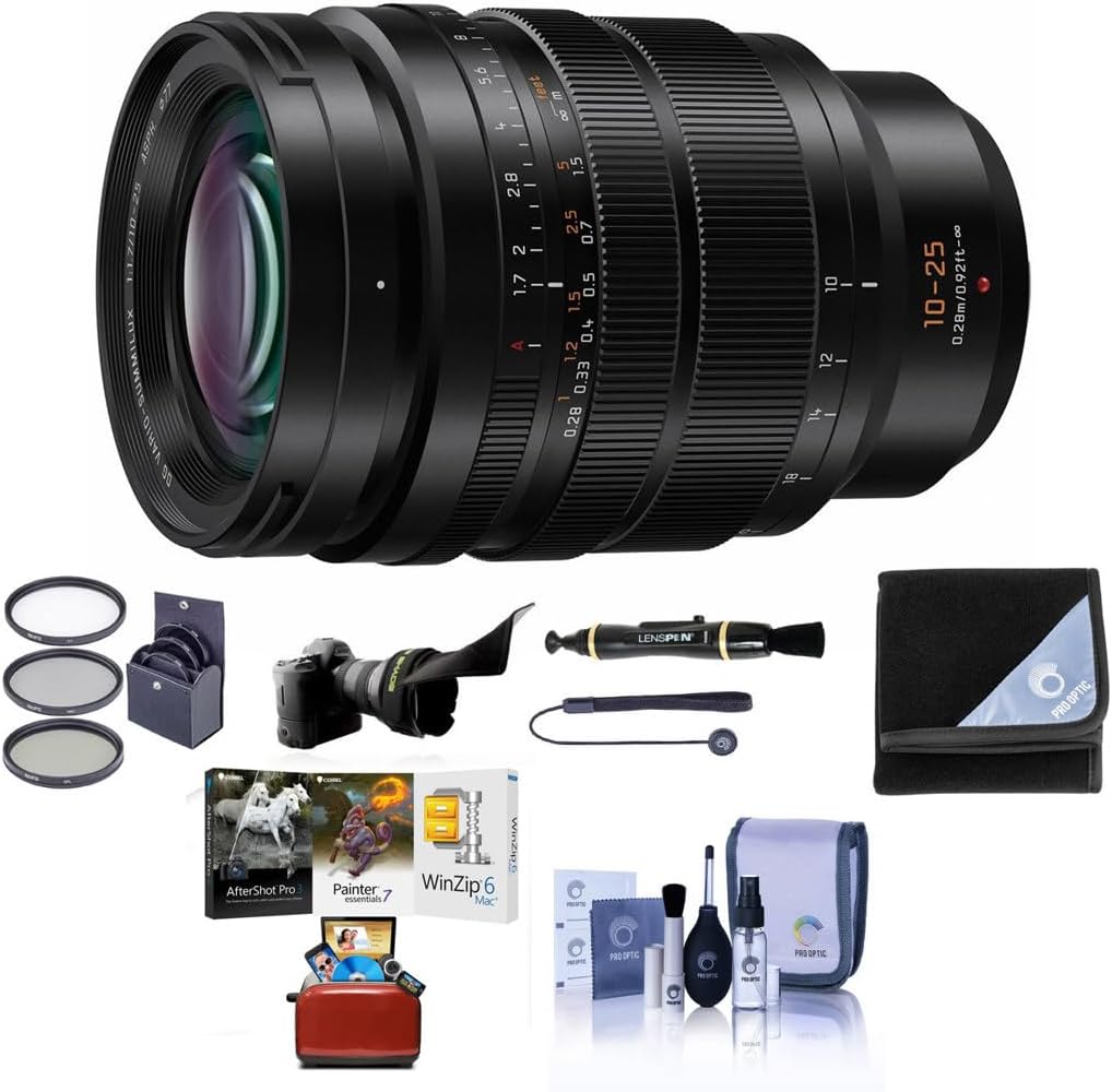 Panasonic Lumix G Leica DG Vario-Summilux 10-25mm f/1.7 Aspherical Lens for MFT, Black - Bundle with w/77mm Filter Kit, Flex Lens Shade, Lens Wrap, Cleaning Kit, Lens Cap Tether, Cleaner, Mac Software