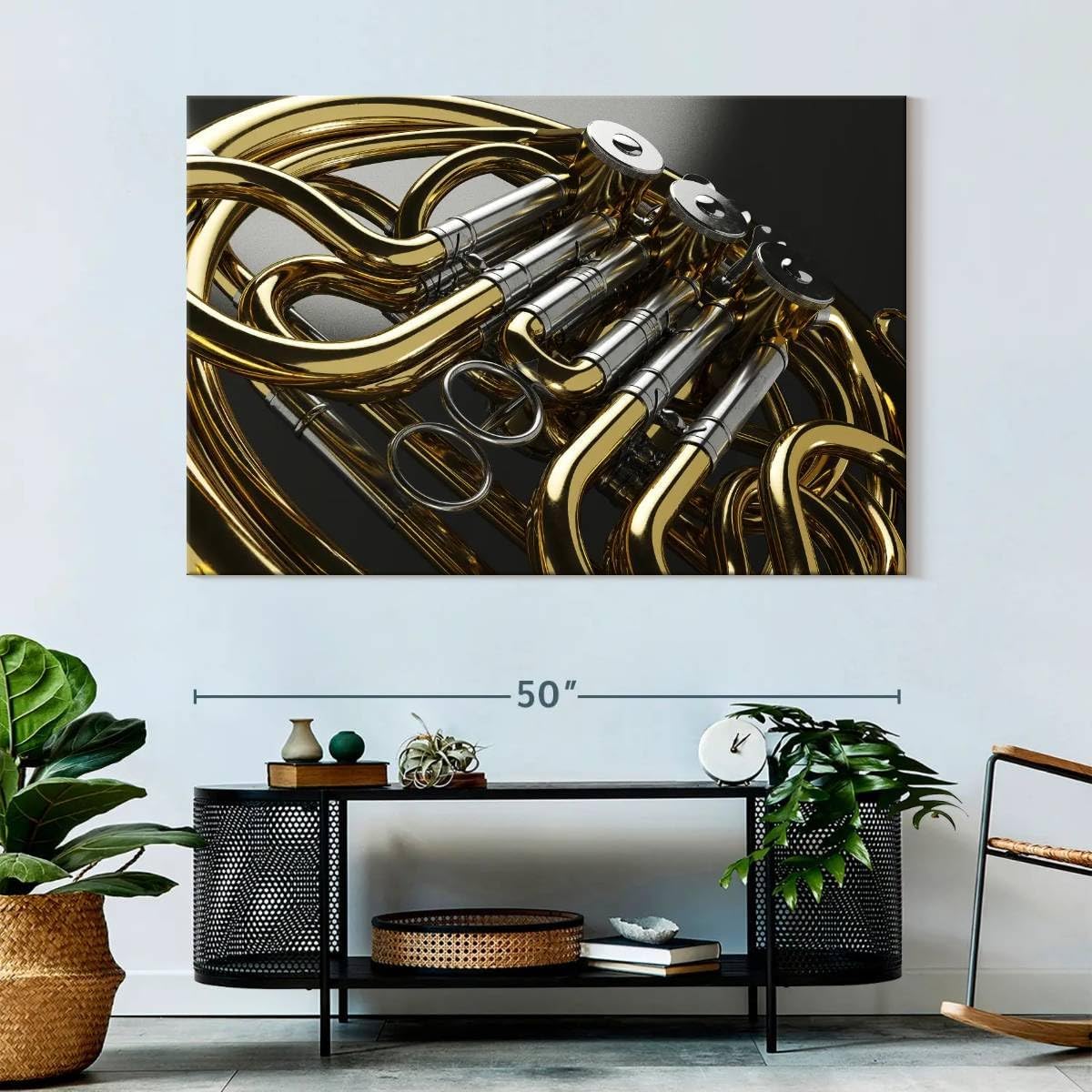 ElephantStock - Shiny French Horn Wall Art - Horizontal Canvas Wall Art - Living Room Wall Decor - Photography Music Canvas Art - Gray And Beige Decor - 51