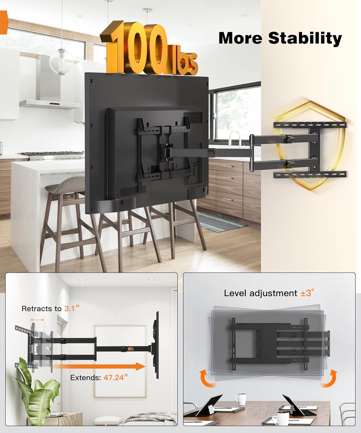 47” Extra Long Arm TV Wall Mount for 37-80 Inch TV, Full Motion Corner TV Mount with Extension Articulating Arm Swivel and Tilt, Max VESA 600x400mm, Fits 16