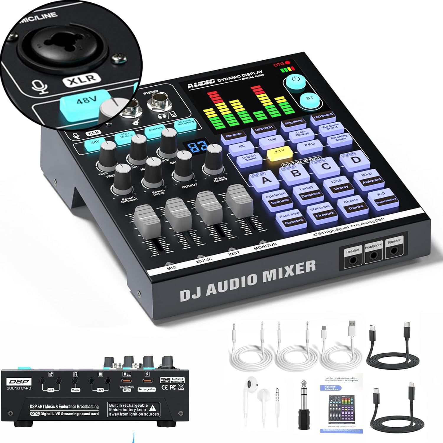 48V Podcast Sound Board - XLR Audio Interface for Live Streaming Studio Recording Gaming, Bluetooth DJ Mixer for iPhone Laptop PC, External Music Sound Card, Content Creator Gift (SN800)