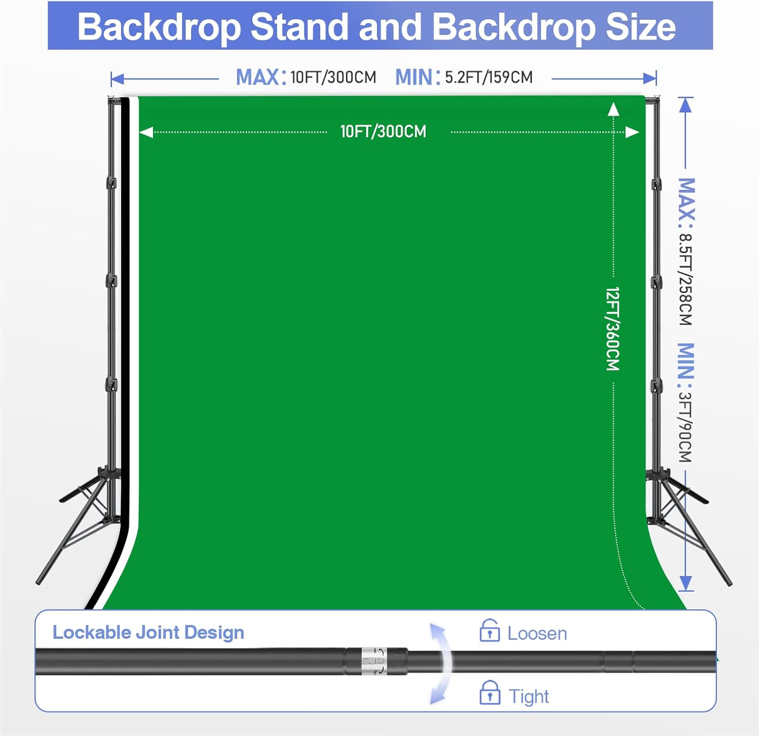 EMART 8.5x10ft Green Screen Backdrop Kit with Sand Bag, Photography Background Support System with 10x12ft Polyester Backdrop(Black/White/Green) for Photography, Parties, Wedding, Video Shooting