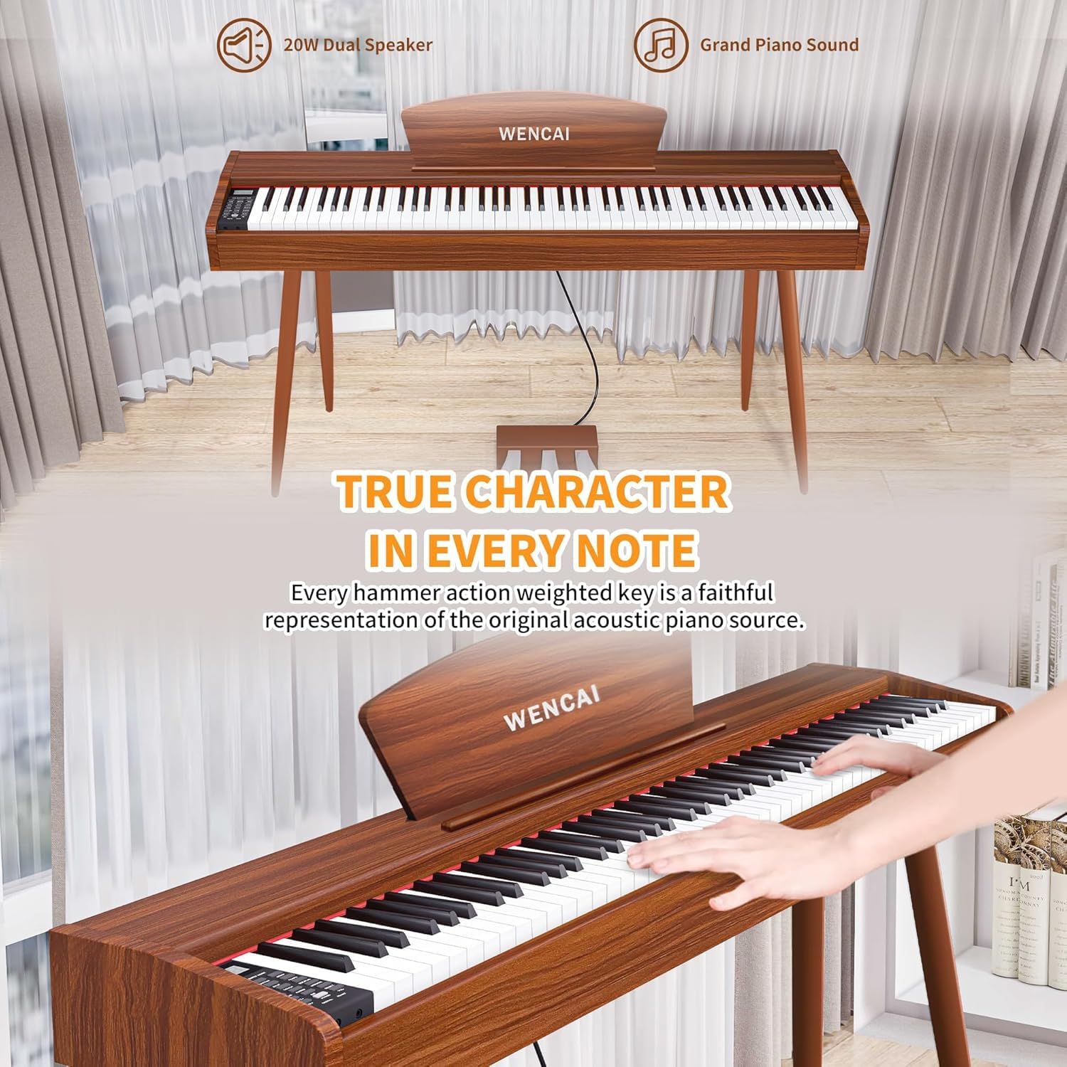 WENCAI 88 Key Fully Weighted Electric Piano Keyboard Hammer Action Full-size Digital Pianos for Beginner Professional Wooden Upright Piano with Sheet Music Stand Triple Pedal Supports USB-MIDI Orange