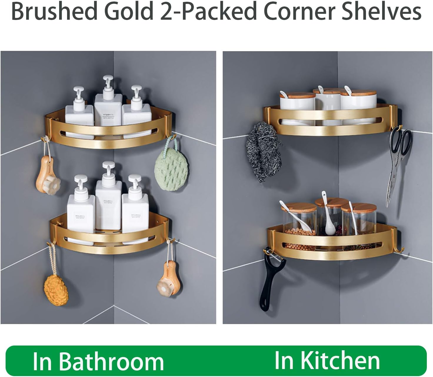 Brushed Gold Bathroom Corner Shelves Wall Mount Shower Caddy with Hooks and Shampoo Holder 2 Pack Drilling or Adhesive Installation