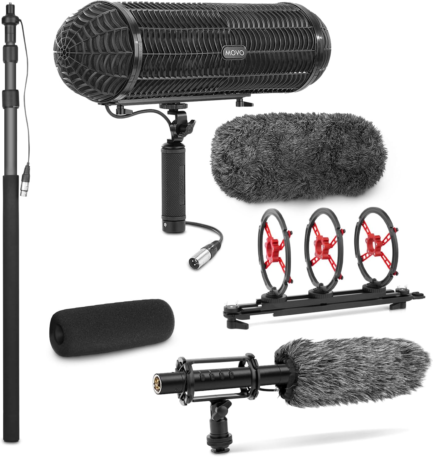 Movo Location Sound Recording Kit with Blimp Microphone, XLR Cables, Boom Pole Extension - Cardioid Shotgun Camera Microphone - XLR Microphone Cable for Audio Recorders - Perfect Boom Mic Bundle