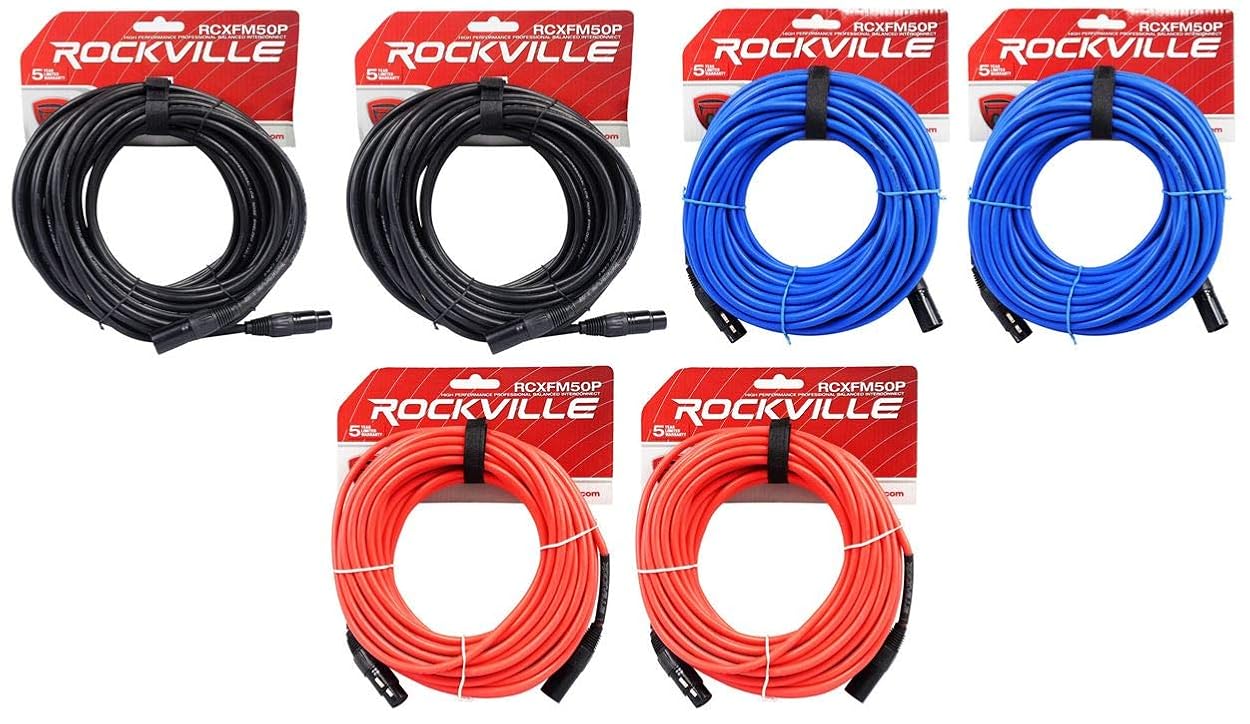 Rockville (2 RCXFM50P-B Black 50' XLR Mic/Speaker Cable Bundle with (2) RCXFM50P-BL Blue 50' XLR Mic/Speaker Cable, (2) RCXFM50P-R Red 50' XLR Mic/Speaker Cable (6 Items)