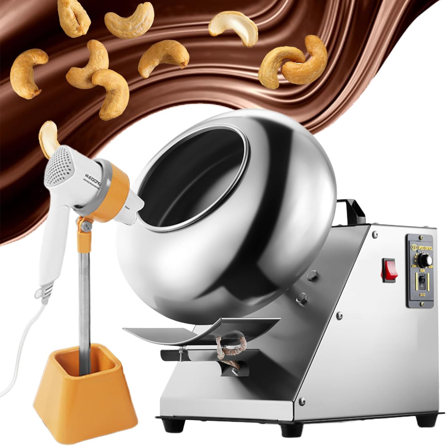 300w Electric Sugar Coating Chocolate Polishing Machine | Output:1-4kg/Time | Adjustable Speed | Uniform Heating | Automatic Chocolate Drum Mixer for Precoating for Confectionery | With Hair Dryer