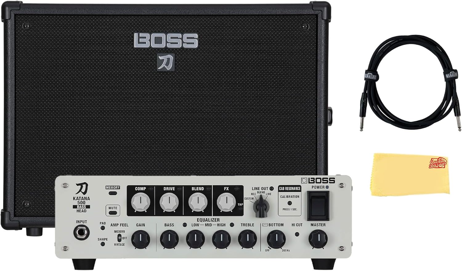 Boss Katana-500 Bass Amplifier Head Bundle with Amp Cover, Instrument Cable, and Austin Bazaar Polishing Cloth