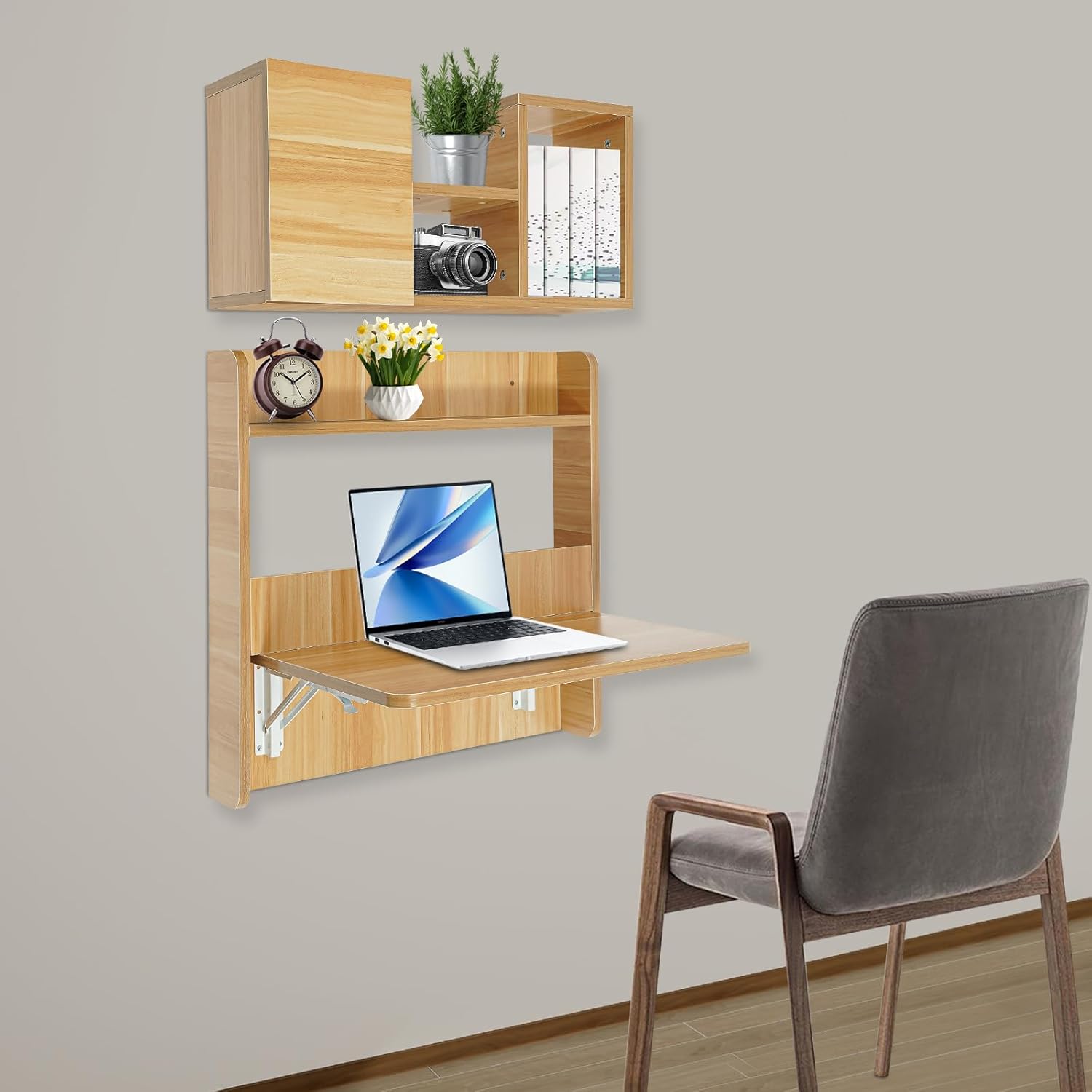Wall Mounted Desk & Bookshelf, Folding Space Saving Wall Mounted Table with Storage Compart Space, Fold Down Laptop Desk for Home Office (Light Walnut Color)