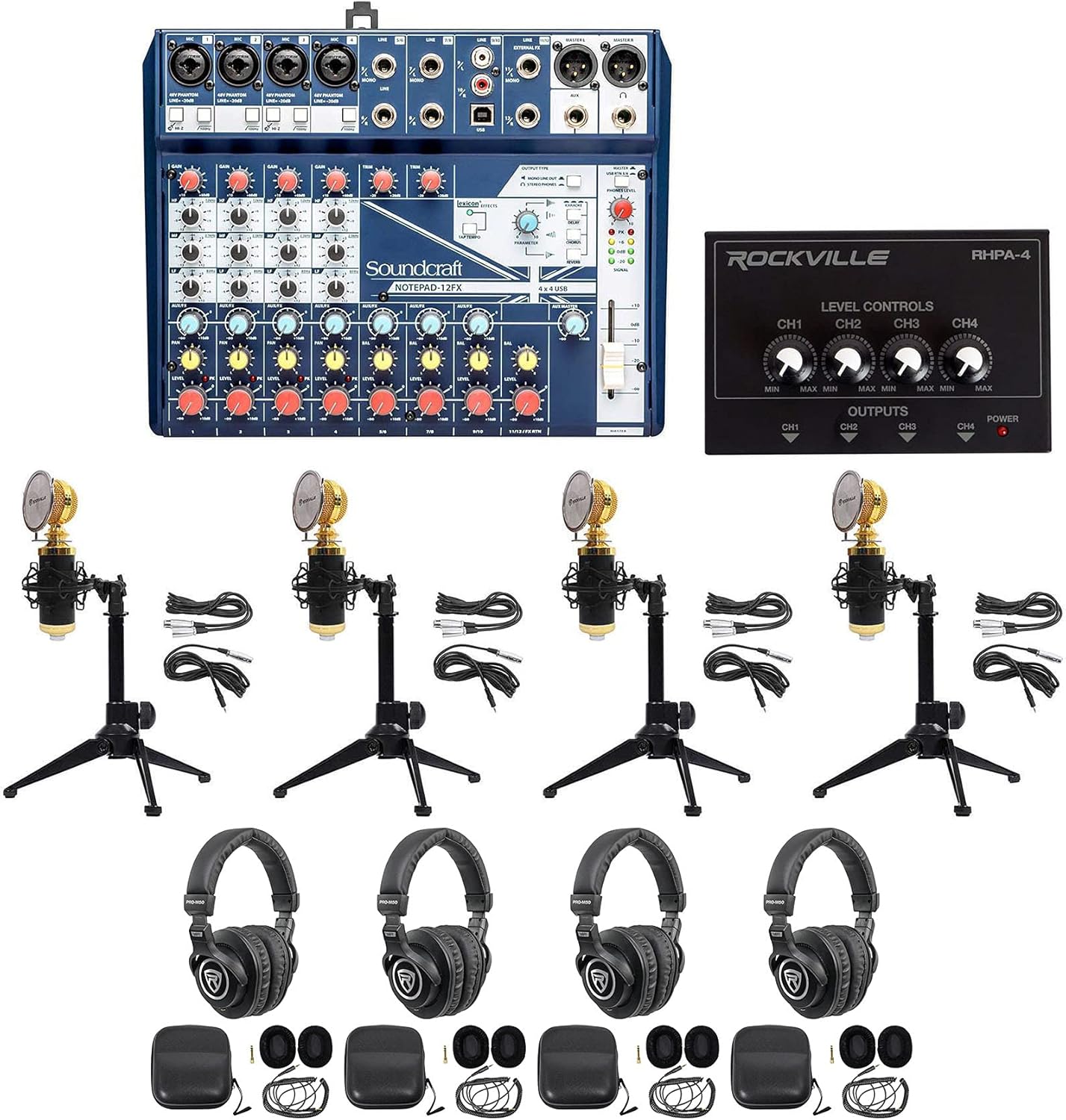 Soundcraft Notepad-12FX Mixer w/USB Interface Bundle with PRO-M50 Headphones w/Coil Cable, RCM02 Recording Mic+Shock Mount, RDTS Desktop Tripod Stand and RHPA4 Headphone Amplifier Stereo