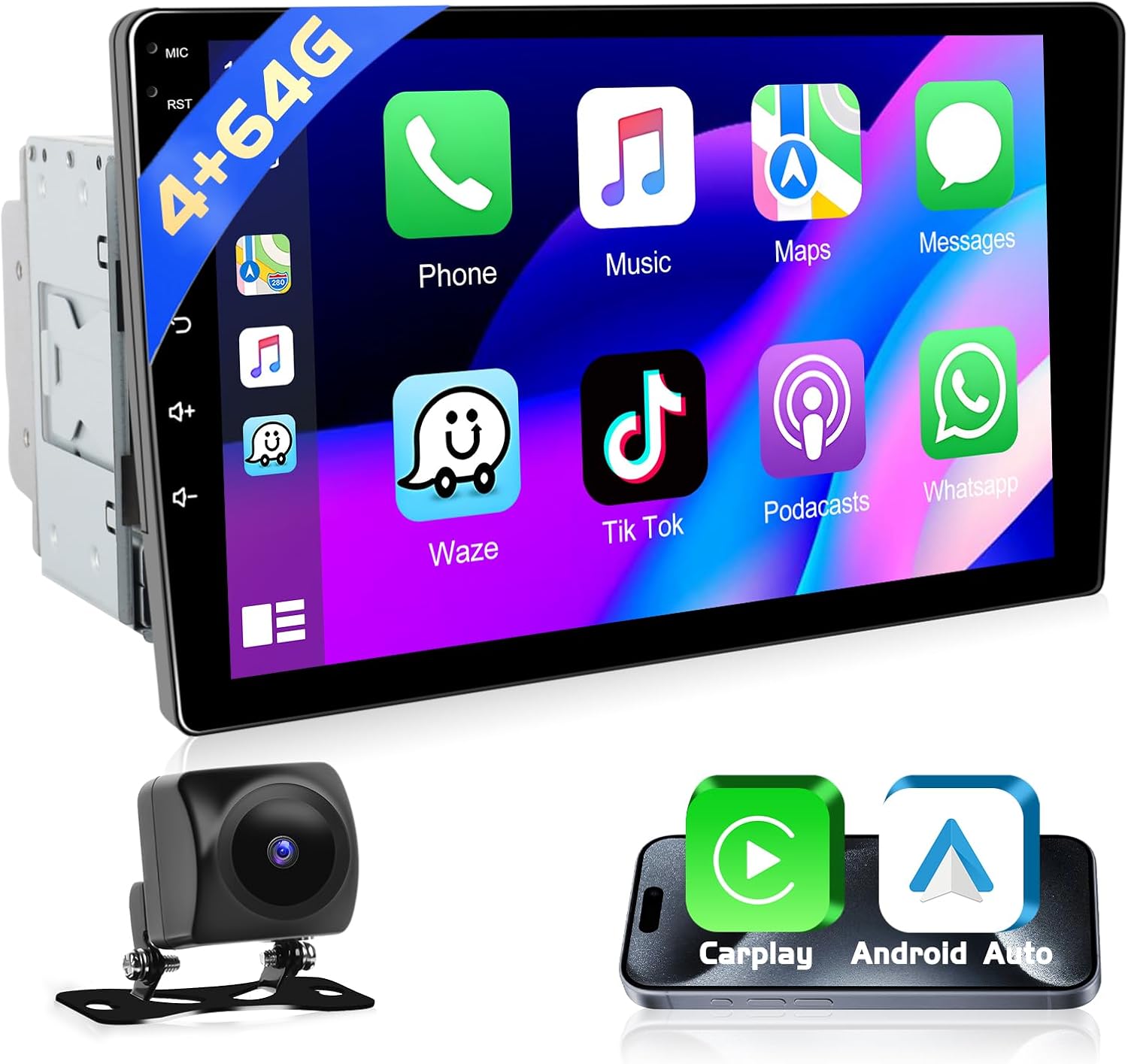 [4+64G] Wireless CarPlay Double Din Car Stereo Radio with Android Auto 9 Inch Touch Screen Bluetooth Audio with GPS Navigation Mirror Link WiFi RDS Hi-Fi Backup Camera MIC