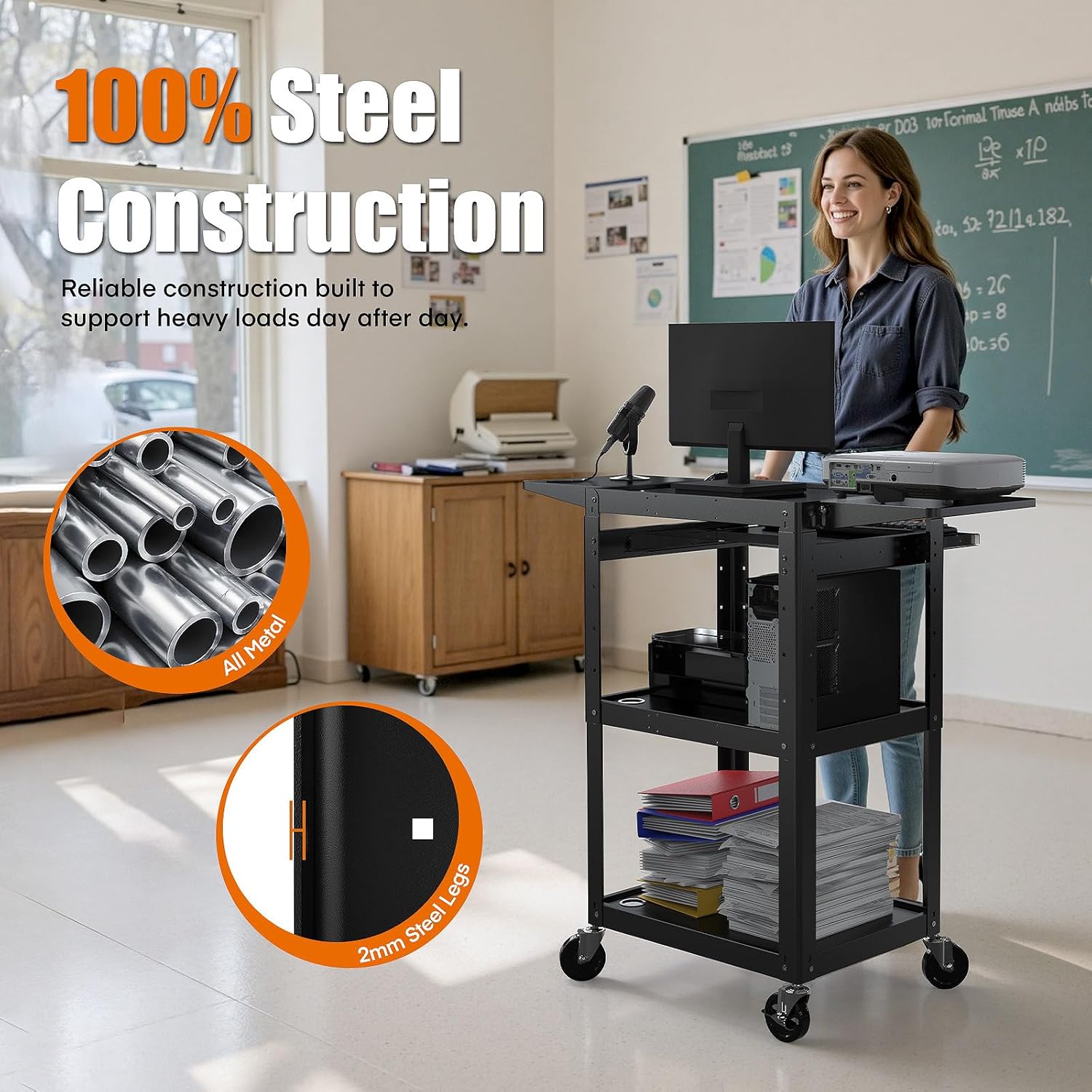 All-Steel Rolling AV Cart with Adjustable Height & Built-in Power – Heavy-Duty Media Workstation with Drop-Leaf Shelves & Wheels for Projectors, Laptops, Printers – Classroom, Office & Studio, Black