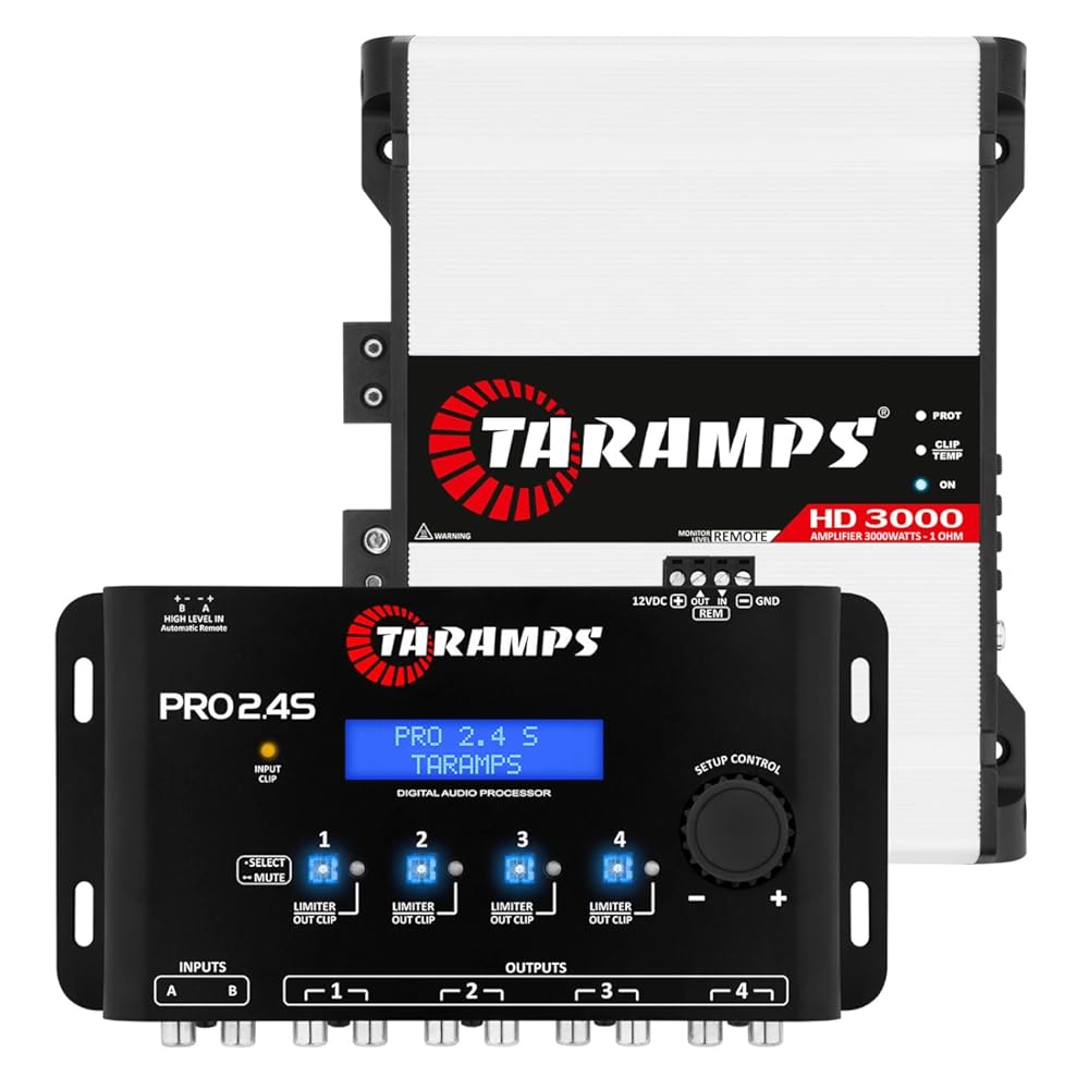 Taramps HD 3000 1 Ohm Class D monoblock car Audio Amplifier 3000 watts RMS + Taramps Pro 2.4s DSP Digital Signal Processor and Equalizer Bundle, 2-Pack