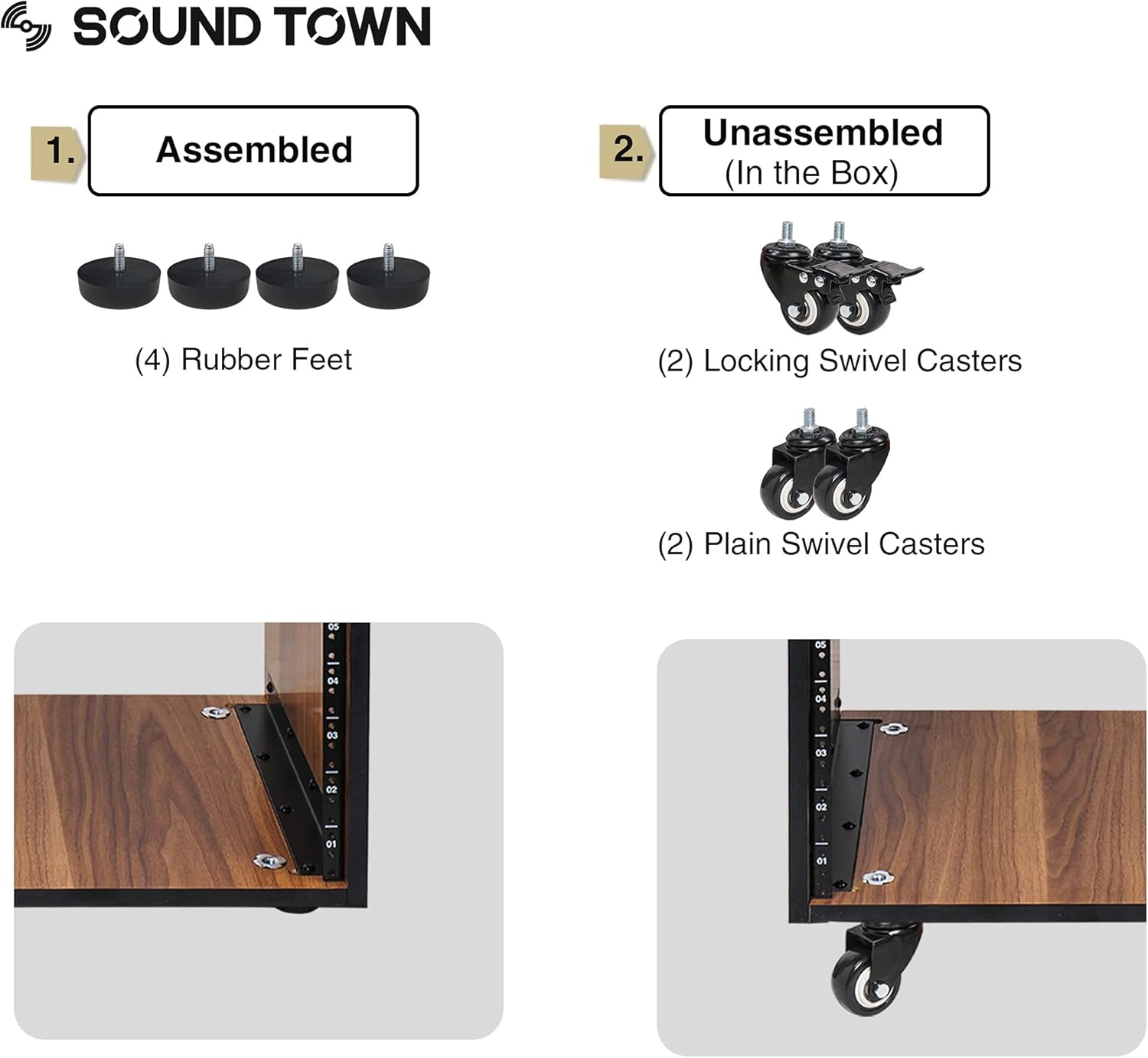 Sound Town DIY 20U Studio Rack with Furniture Grade Walnut Laminate, Rubber Feet, Casters (SDRK-20WN)