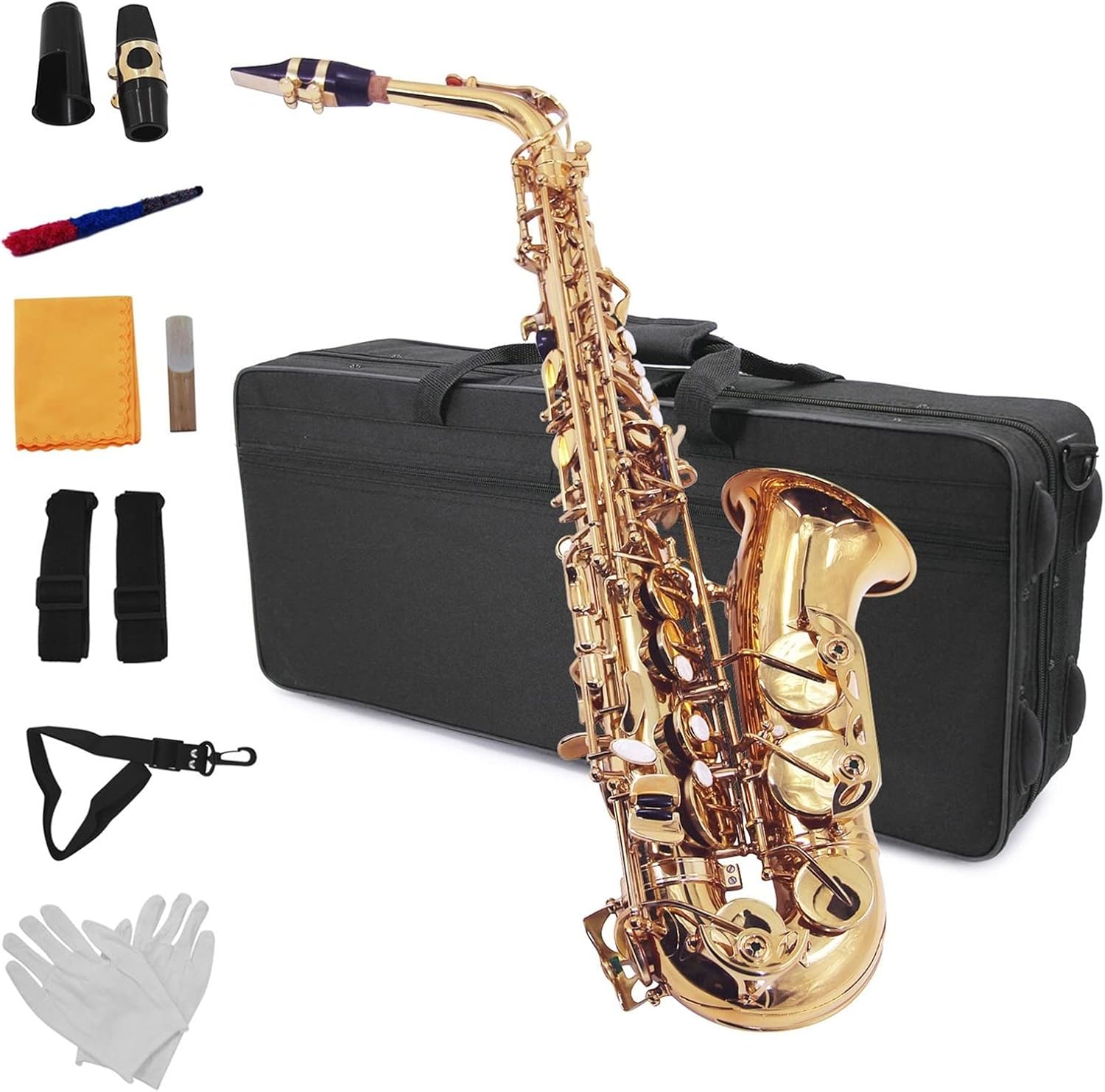 KESHUO EB Alto Saxophone Sax Brass Gold 802 Key Woodwind Instrument with Case Reed Cleaning Brush Cloth Gloves Straps Brass Sax Beginners Kit