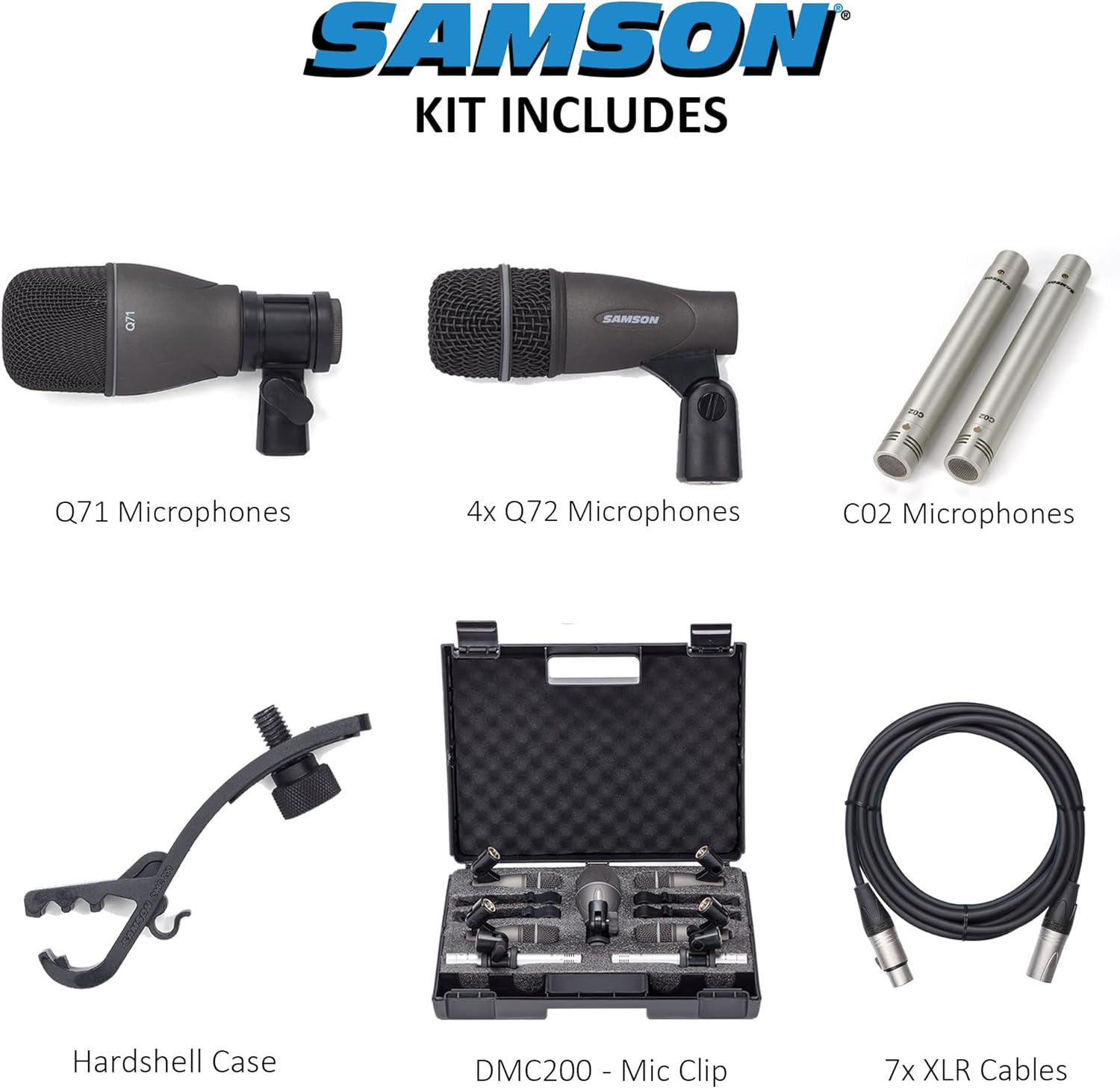 SAMSON DK707 7-Piece Drum Microphone Kit with 7 Premium XLR Mic Cables, XLR-M to -F - Recording Accessory Bundle
