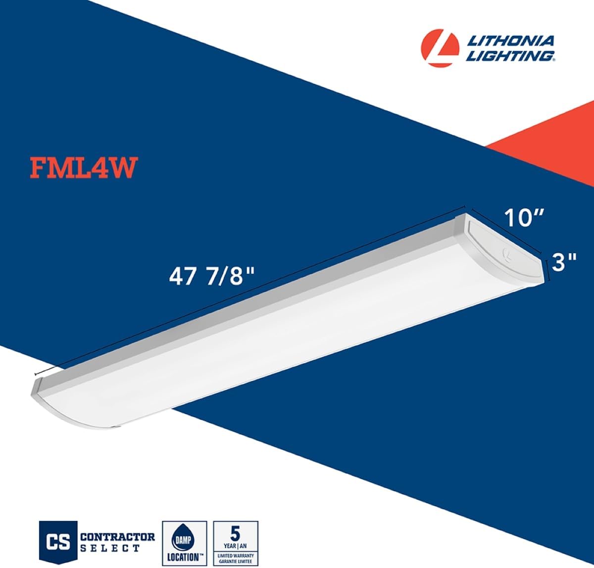 Lithonia Lighting 4 Foot LED Light Fixture, Low-Profile LED Wraparound Ceiling Light, Flush Mount, 4000/5000/6000 Adjustable Lumens, 4000K Cool White Light, MVOLT, 10 Inches Wide, White