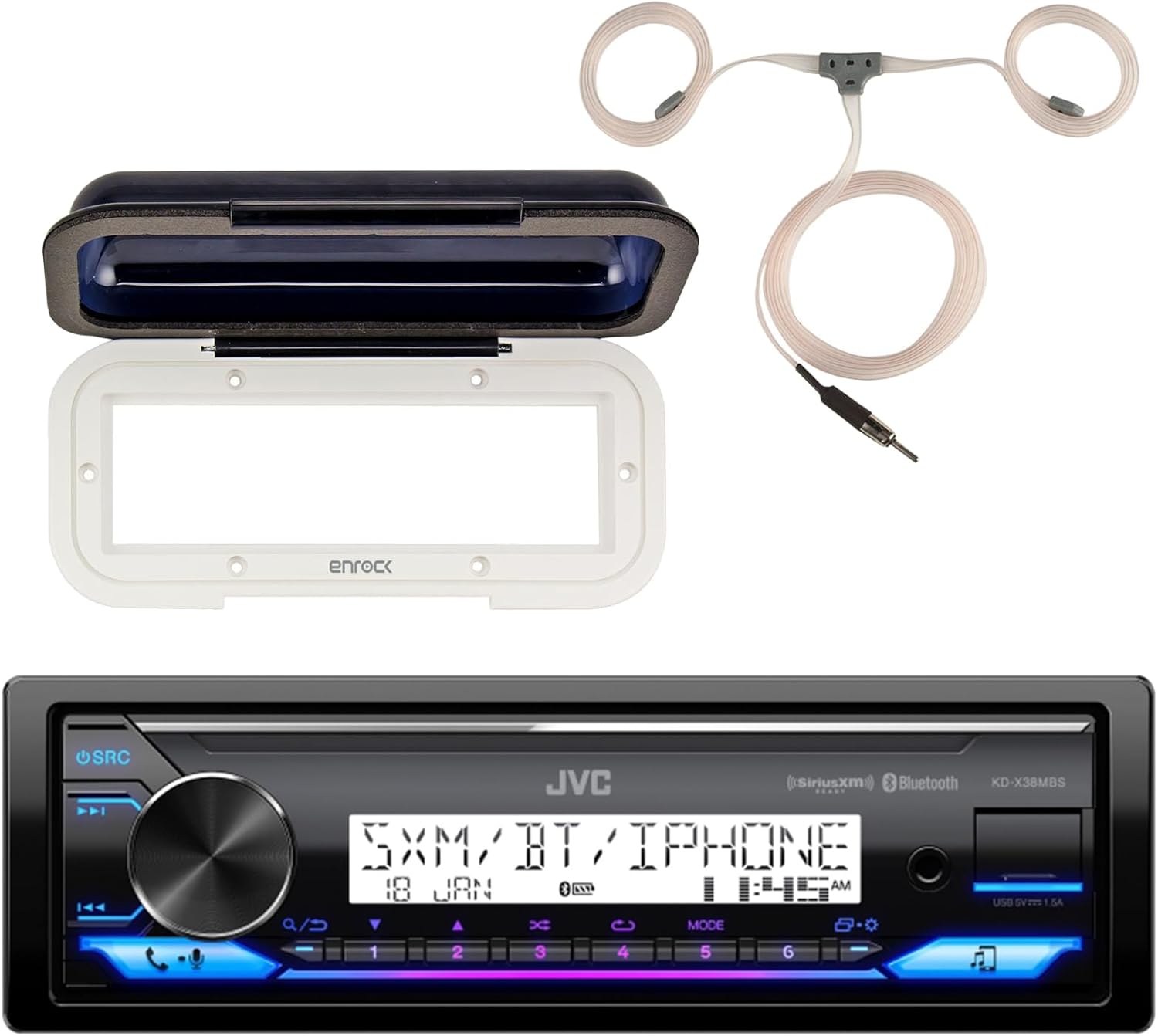 JVC KD-X38MBS Single DIN Marine Motorsports Bluetooth USB AUX AM/FM Stereo Receiver Bundle Combo with Protective Radio Cover (White), Radio Antenna