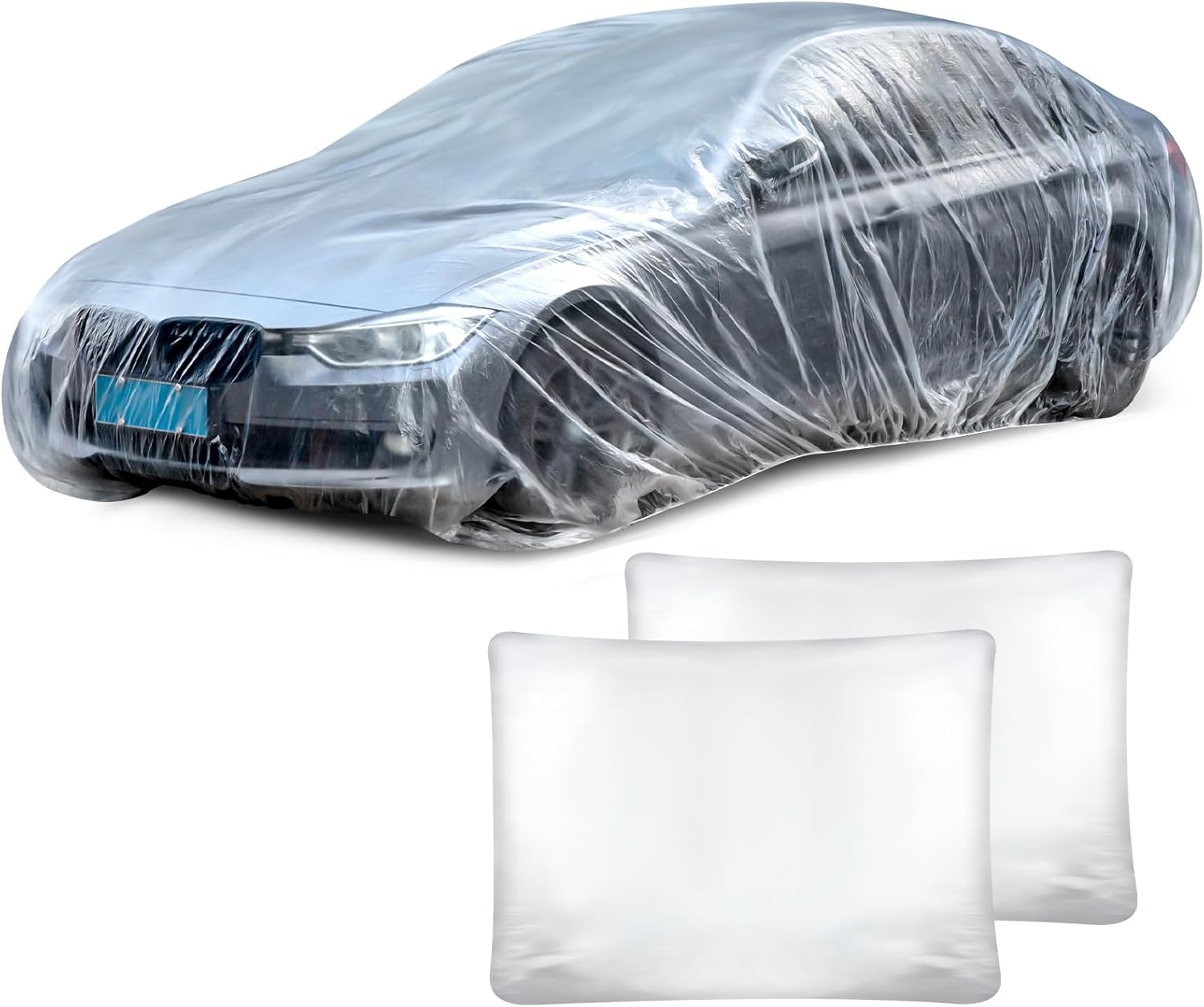 BBTO 50 Pack Universal Plastic Car Cover with Elastic Band Disposable Clear Car Covers Bulk 12.5 x 21.6 ft Waterproof Dustproof Full Exterior Protector for Sedan Outdoor Snow Rain Weather