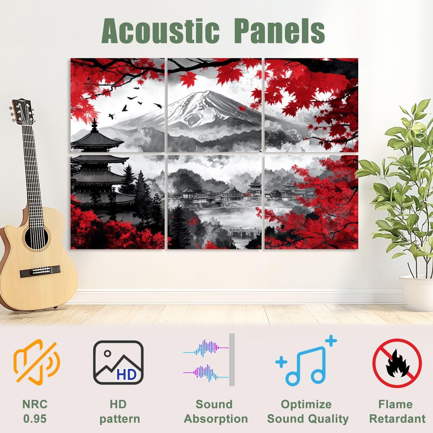6 Pack Art Acoustic Panels Sound Absorbing Black And White Pop Of Red Japanese Temple Autumn Fall Landscape Mount Decorative Soundproof Wall Panels Self Adhesive for Recording Studios Office 72