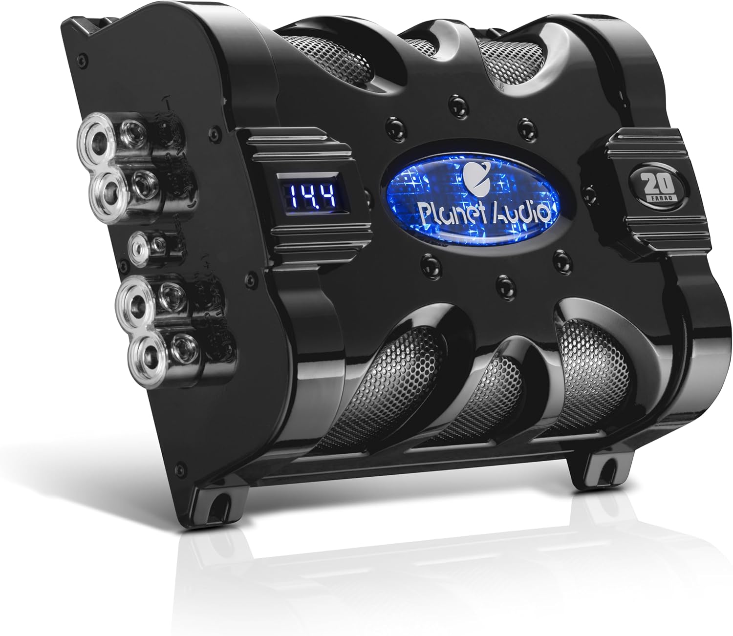 Planet Audio PC20F Car Capacitor - 20 Farad, Energy Storage, Enhance Bass from Stereo, Warning Tones, LED Voltage Meter