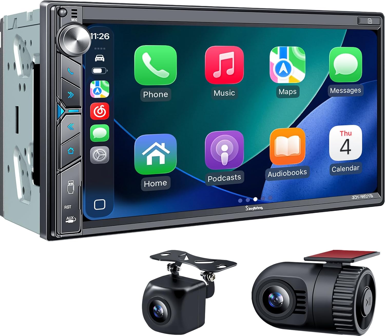 SJoyBring Double Din Car Stereo with Dash Cam, Wireless Apple CarPlay & Android Auto, 240W 4.2CHN, 7