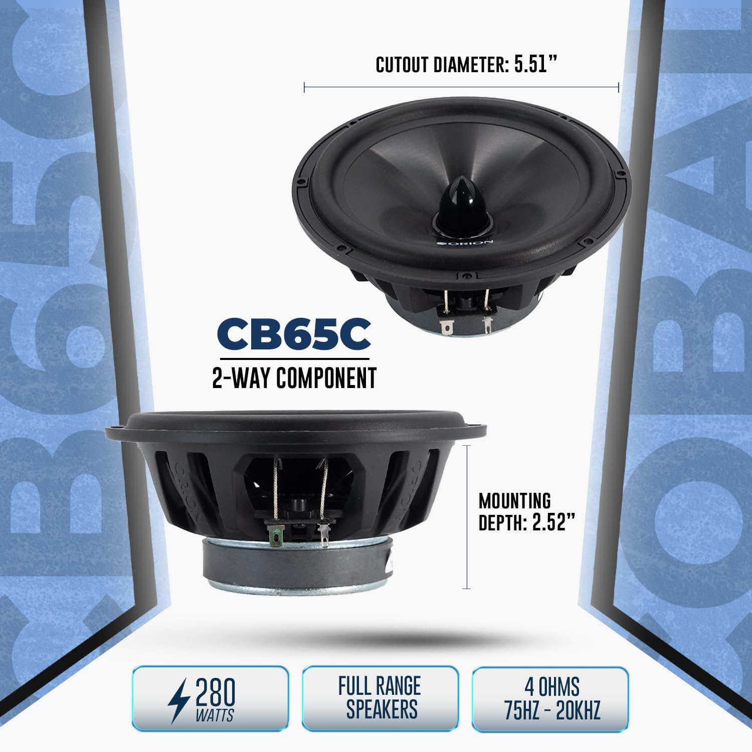 ORION Cobalt Series CB65C 2-Way Car Audio Component System - 6.5” Speakers, Full Range, Enhanced Bass, 280W, 4 Ohms, Easy Installation, 1” Silk Dome Tweeter, External Passive Crossover (Pair)