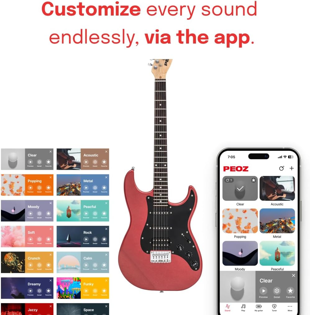 PEOZ Electric Guitar, Smart Digital Guitar with 35 Sound Effects, Built-in Tuner, USB Interface, 5W Speaker, Red (Deep Red)
