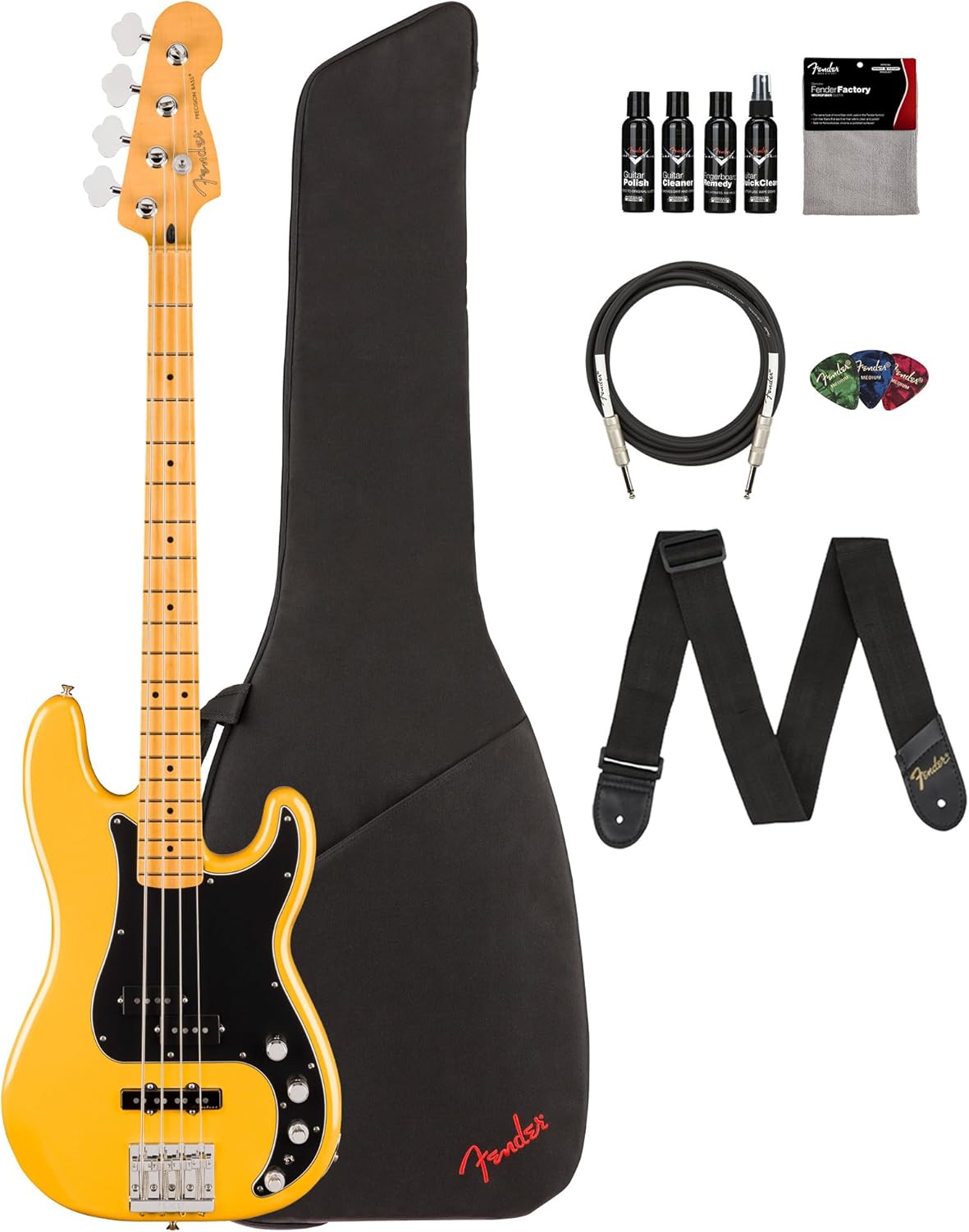 Fender Player II Modified Active Precision Bass - Sunshine Yellow Bundle with Gig Bag, Strap, Cable, 3-Pack Picks, and Guitar Cleaning Kit