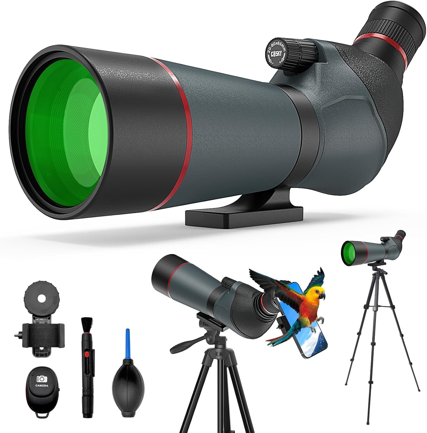 Gosky 20-60x65 Spotting Scope with Full Size Tripod, Phone Adapter, Controller and Cleaning Kit, Spotting Scope for Bird Watching, Wildlife Viewing