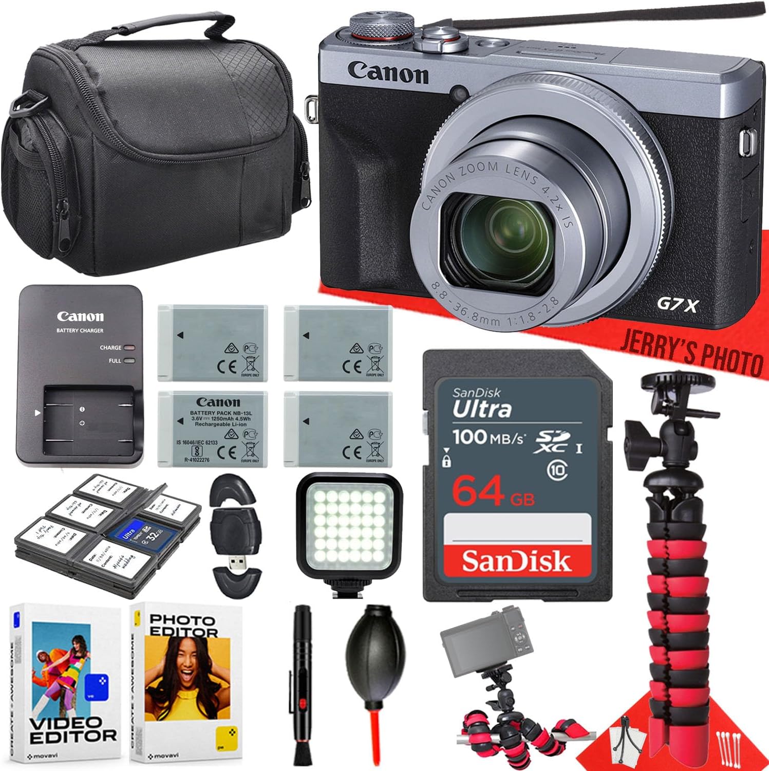 Canon PowerShot G7 X Mark III Digital Camera (Silver) + Led Light + 64GB Memory + 3pc Extra Batteries + Spider Tripod + Cleaning Kit + More (17pc Bundle) (Renewed)