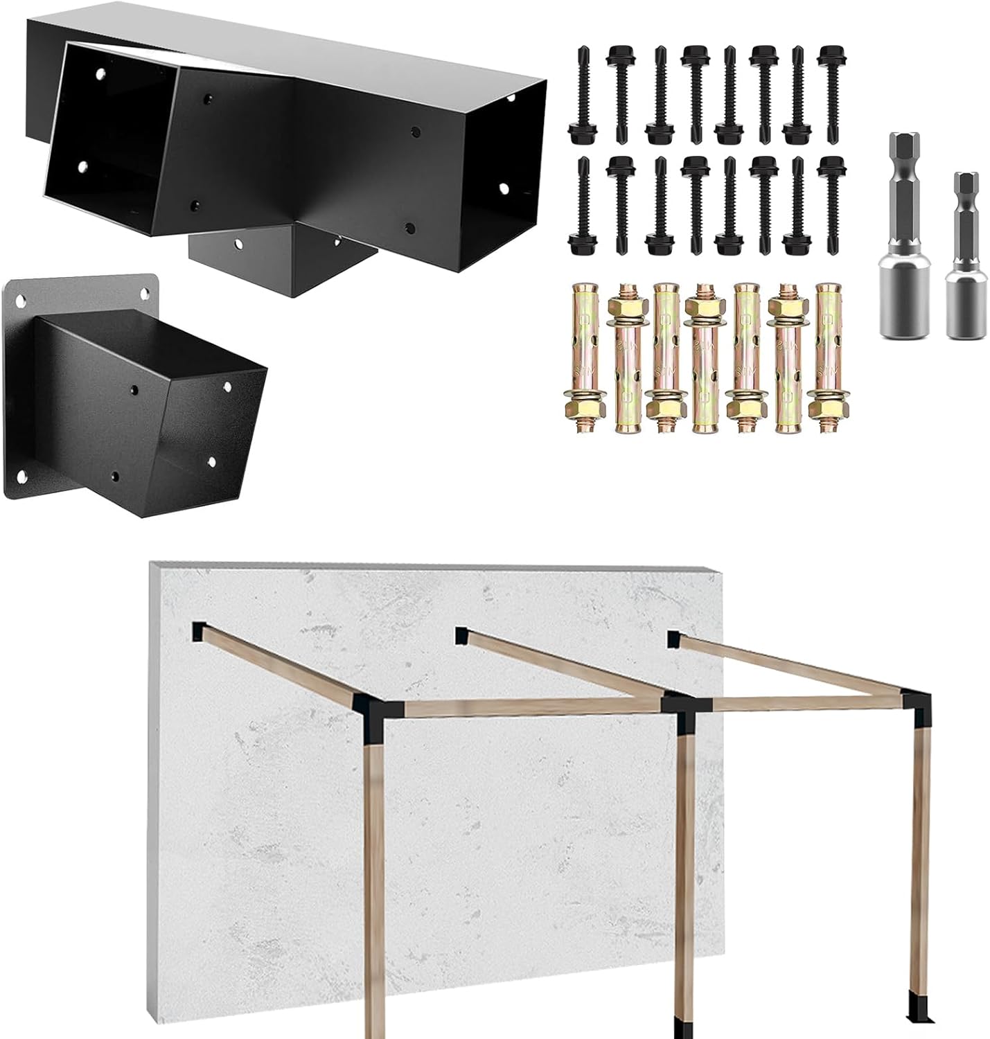 30° Slanted Roof Pergola Brackets Kit,4-Way Right Angled Corner Bracket with Wall Mount Post Base for 4x4 (Actual:3.5