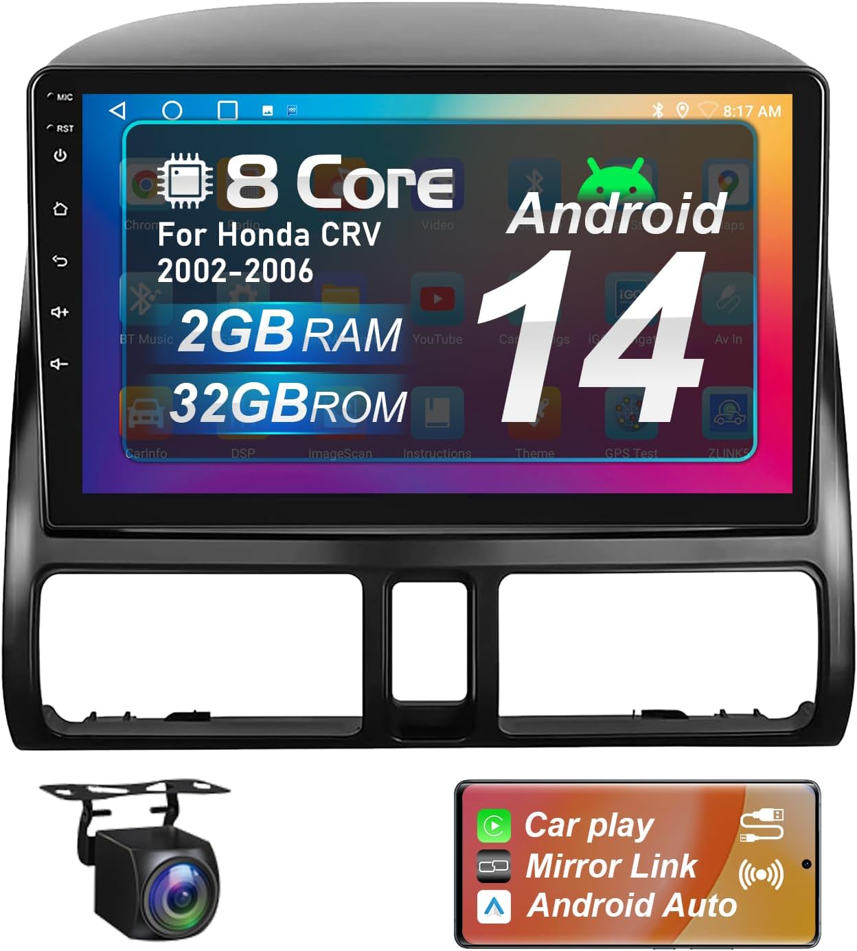 for Honda CRV CR-V Radio Radio Stereo 2002 2003 2004 2005 2006, Anroid 14, 8 Core, Wireless Carplay&Android Auto, Keep OEM Camera&Steering Wheel Controls, 9