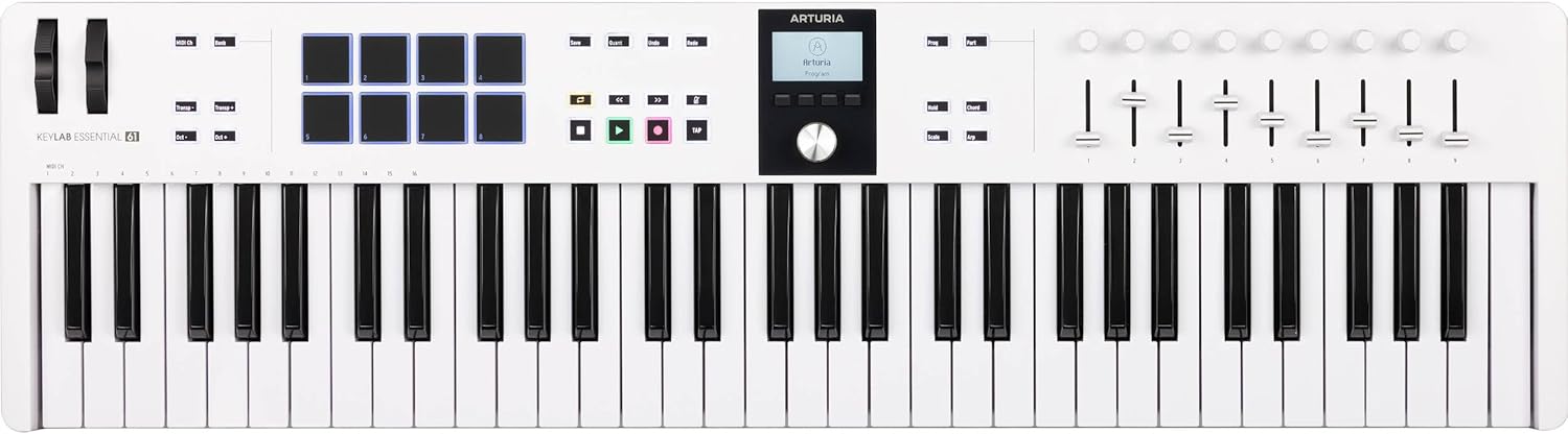 Arturia KeyLab Essential mk3 61-Key Universal MIDI Controller and Software | White with 6ft MIDI Cable & Cleaning Cloth (3 Items)