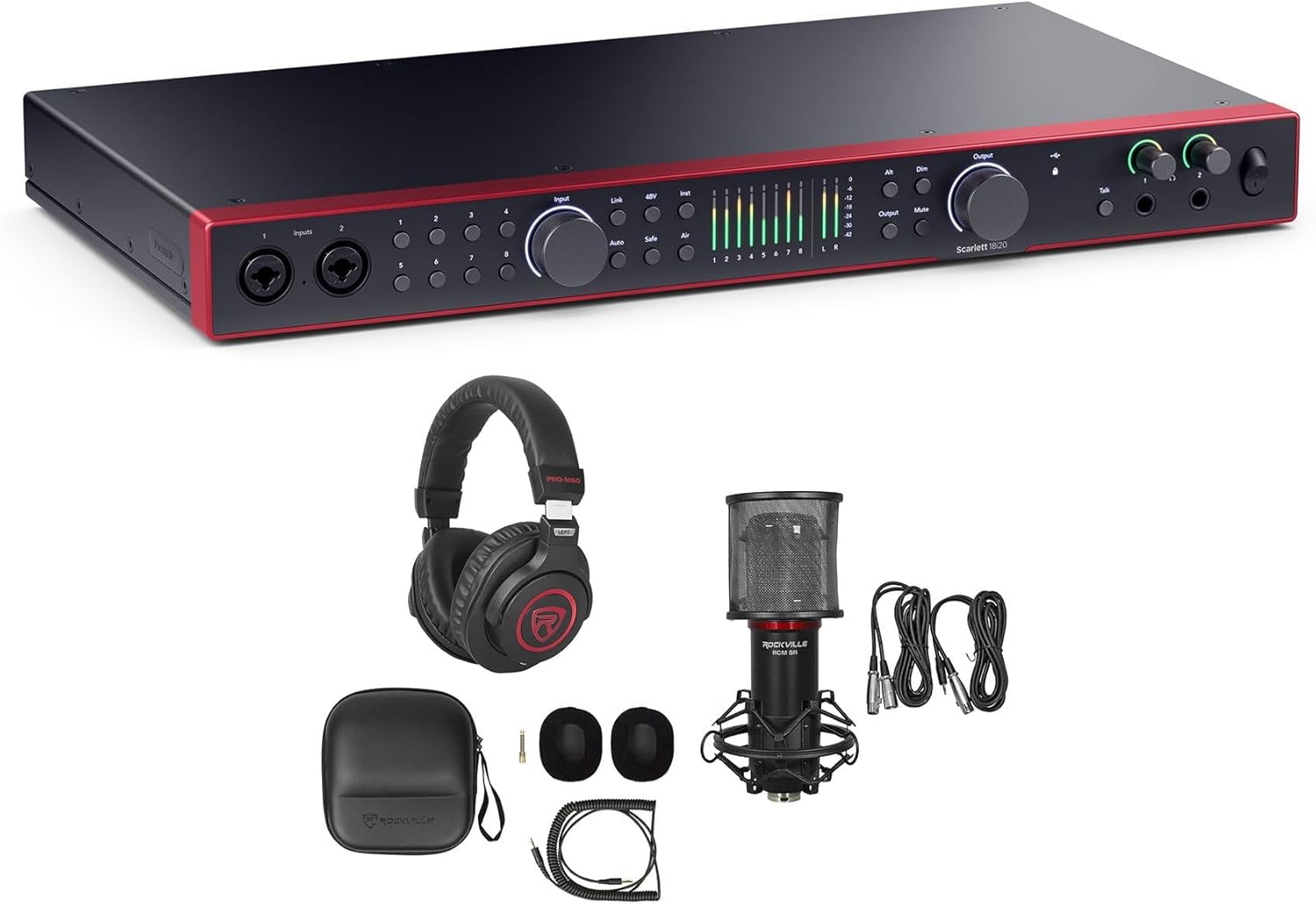 Audiosavings Bundle: Focusrite SCARLETT 18I20 4G 4th Gen 24-bit 192 kHz Audio Recording Interface Bundle with Rockville PRO-M50 SR Headphones+RCM SR Studio/Recording Condenser Microphone (3 Items)