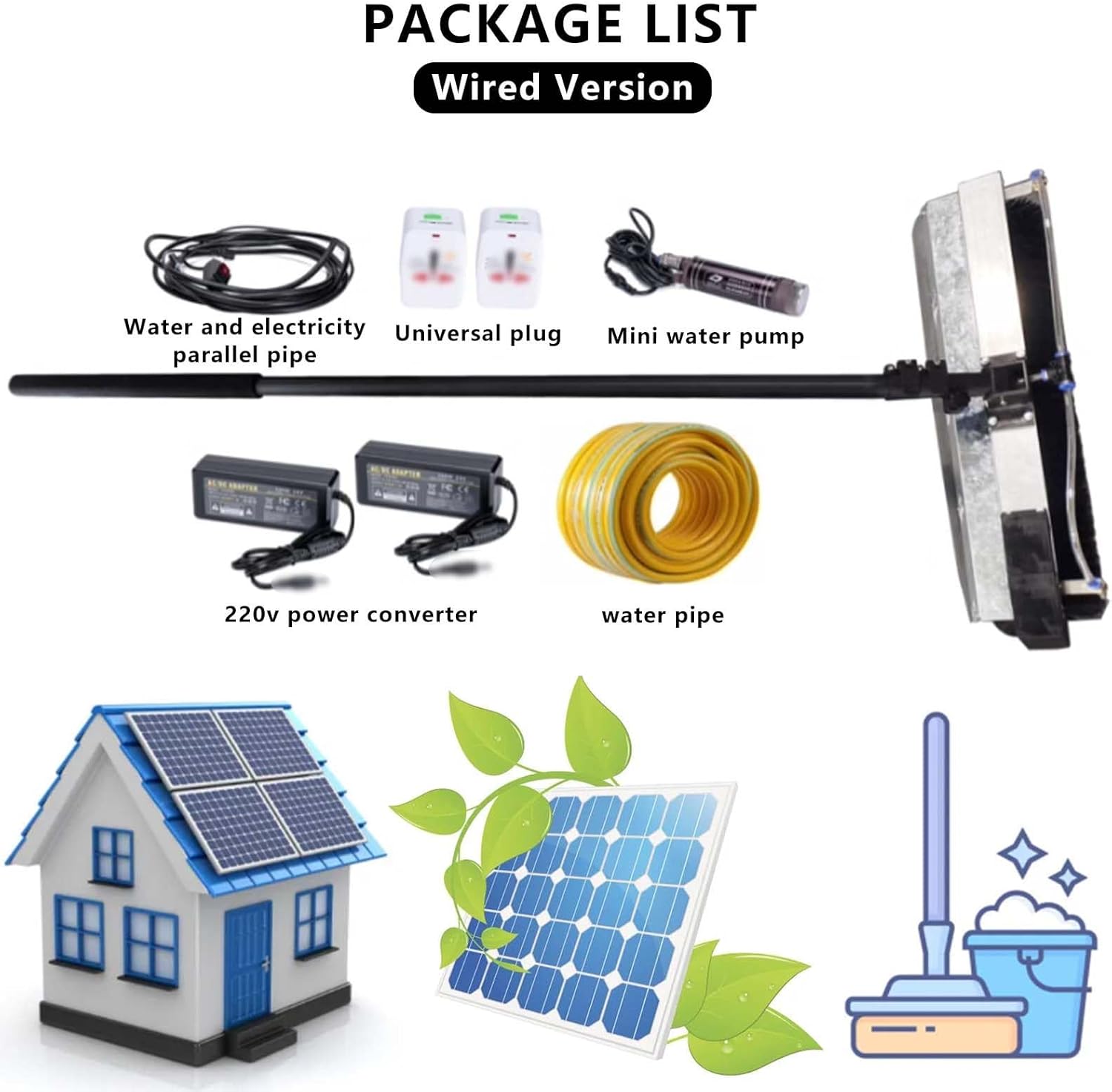 Electric Solar Pv Panel Cleaning Machine,Aluminum Pole Adjustable Lenght,Hand-held Store Signs Washing Roller Brush,60 cm Cleaning Diameter,Wired-3.5m/11.4ft