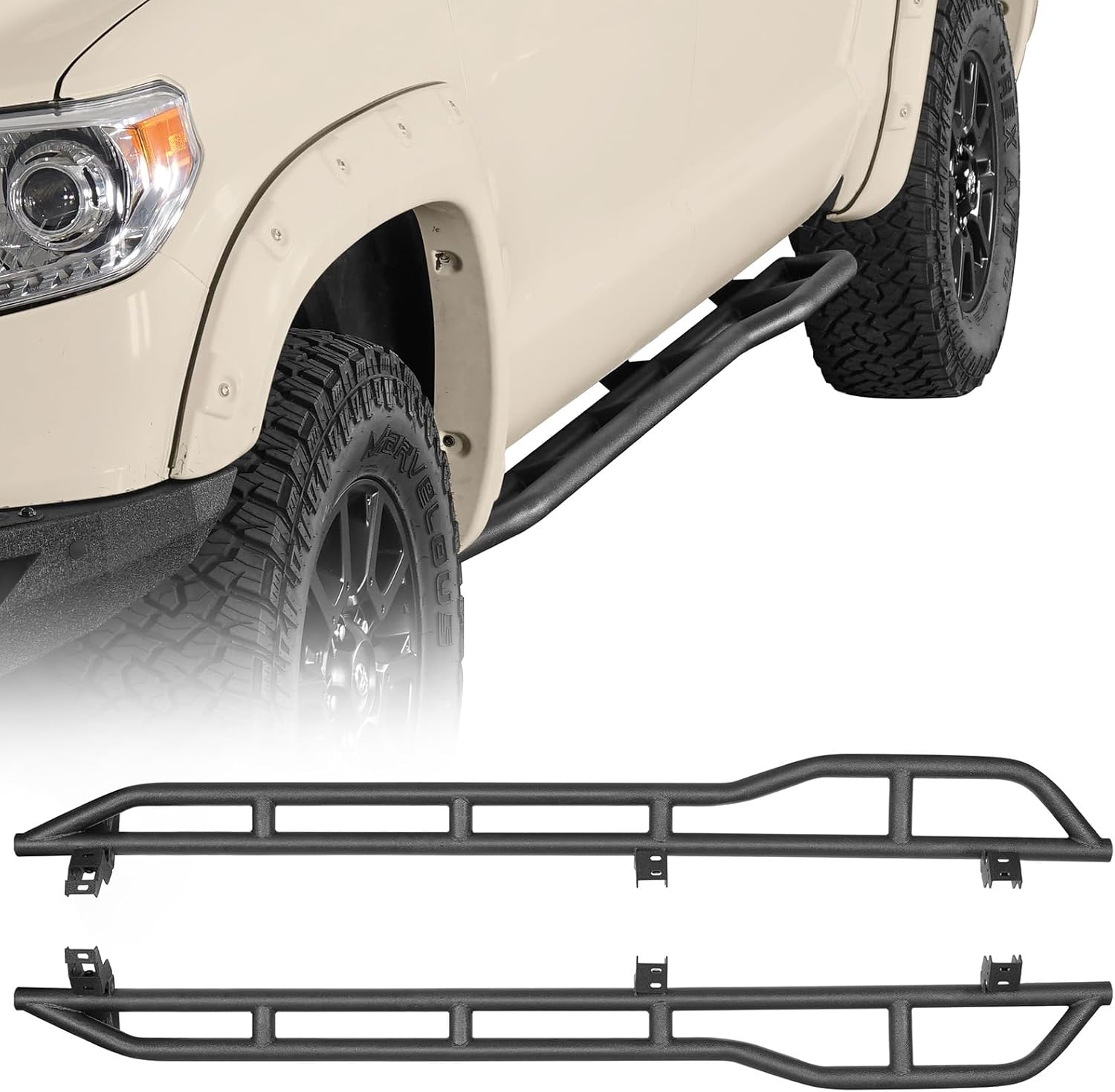 Hooke Road Tundra Rock Sliders Rocker Guard for 2007-2021 Toyota Tundra CrewMax (4 Full-Size Doors), Sturdy Steel Tubular Door Armor Rails with Kick-Out Design