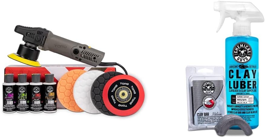 Chemical Guys BUF_503X TORQX Random Orbital Polisher, Pads, Polishes & Compounds Kit Cly_KIT_2 Medium Duty Clay Bar and Luber Synthetic Lubricant Kit