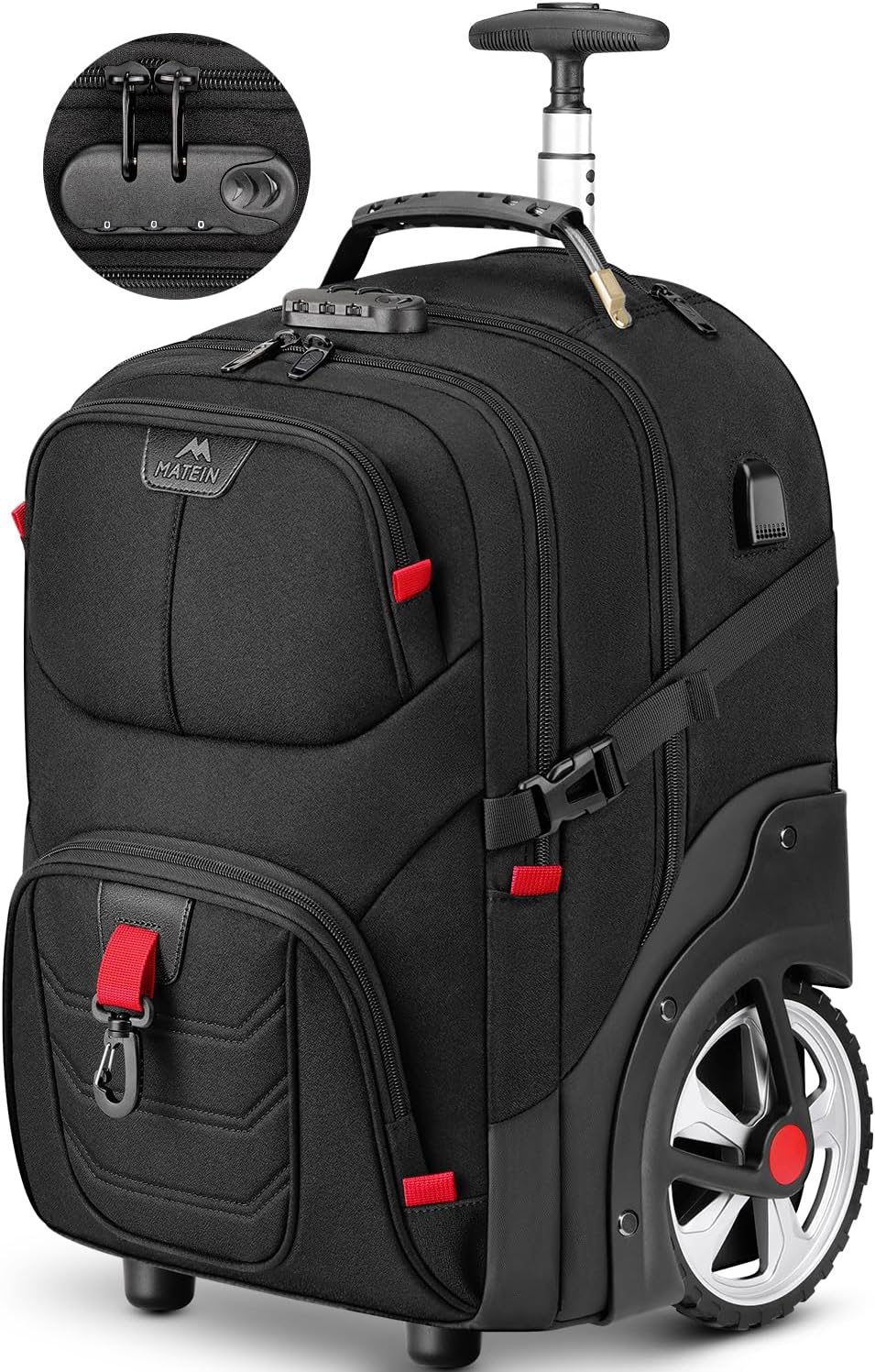 MATEIN Rolling Bag with Wheels, 17 Inch Extra Large Laptop Roller Backpack for Adults with Anti Theft Lock & USB Charging Port, Water Resistant Wheeled Bag Carry On Luggage for Teacher Work Travel Men