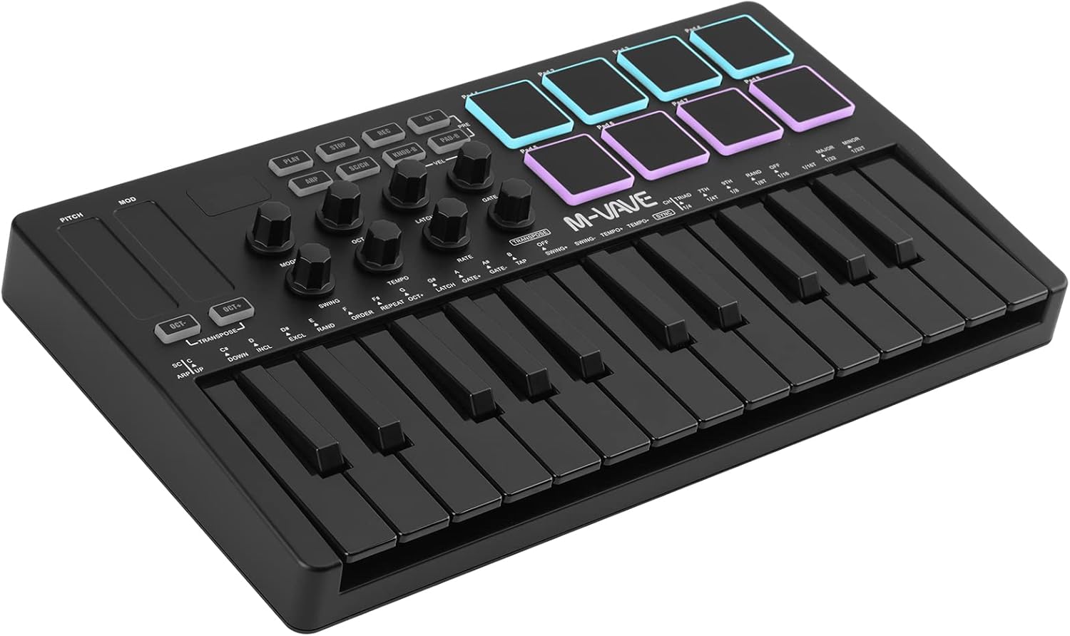 M-VAVE 25 Key USB MIDI Keyboard Controller With 8 Backlit Drum Pads, Bluetooth Semi Weighted Professional dynamic keybed 8 Knobs and Music Production,Software Included (Black)