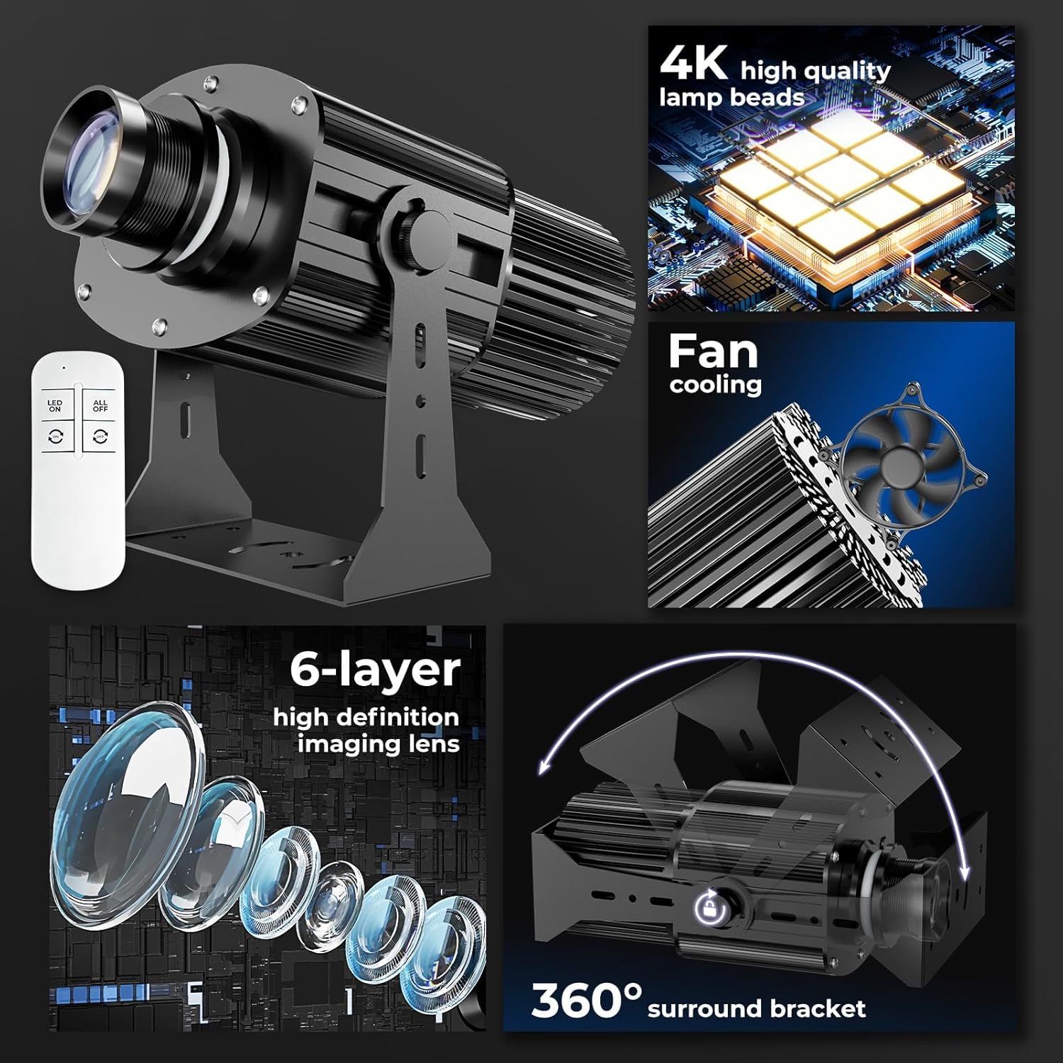 160W Logo GOBO Projector 4K Lamp Beads IP67 Waterproof Rust-Resistant Remote-Controlled Custom GOBO for Advertising,Parties,Weddings Indoor and Outdoor