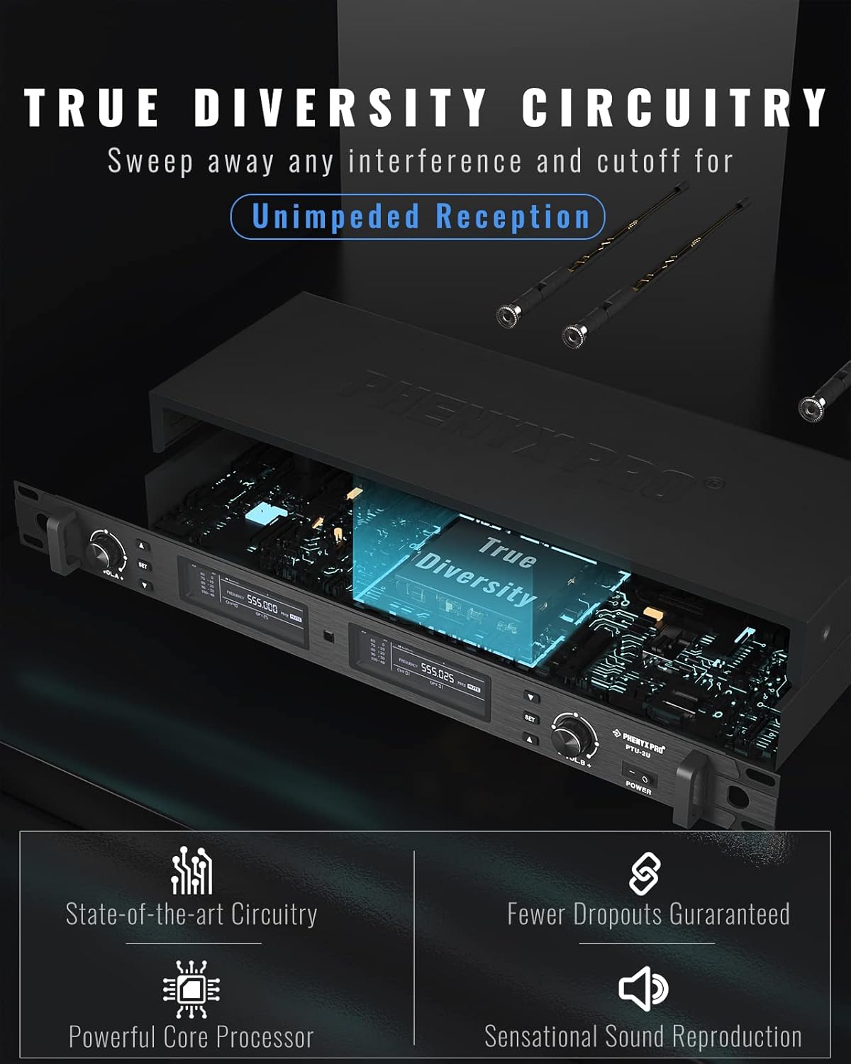 Phenyx Pro Wireless Microphone System, True Diversity Dual Cordless Mic Set, Professional UHF Handheld Wireless Microphones w/Auto Scan, 2x1000 Channels, 328ft for Stage & Studio (PTU-2U-2H)