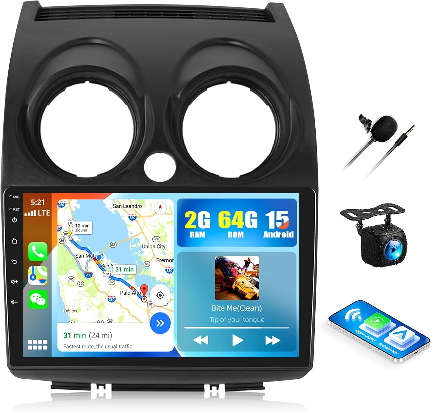 CAMECHO 2G+64G Android 15 Car Stereo for Nissan Rogue 2007-2015 9 Inch Touch Screen with Wireless CarPlay Android Auto Mirror Link 28UI Bluetooth FM GPS Navigation WiFi SWC Backup Camera